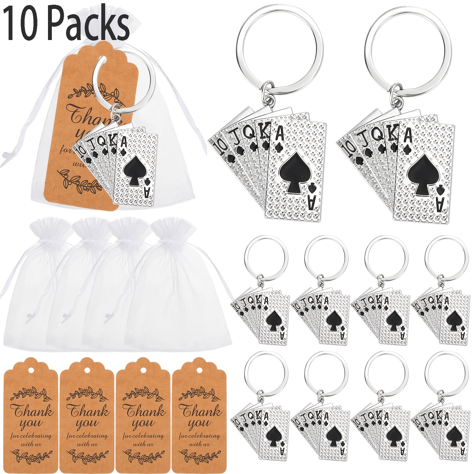 TEMU Gift For Her/him 10 Sets Of Silvery Poker Keychains, Including Transparent Hard Tulle Bags And Thank You Tags, Suitable For Wedding Party Gifts,