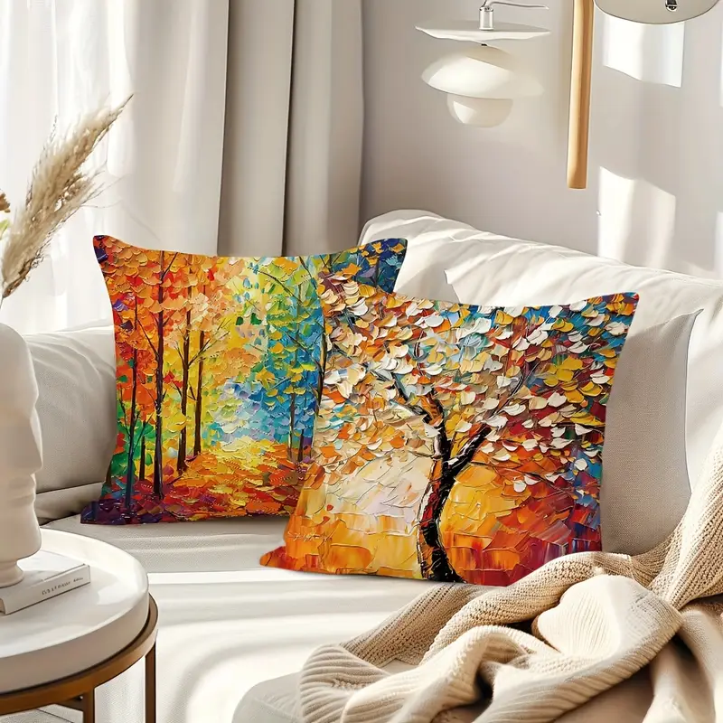 4pcs geometric oil painting tree throw pillow cover abstract tree decorative pillow cover home decor sofa sofa living room bedroom double sided printing polyester material no pillow core Product details 2