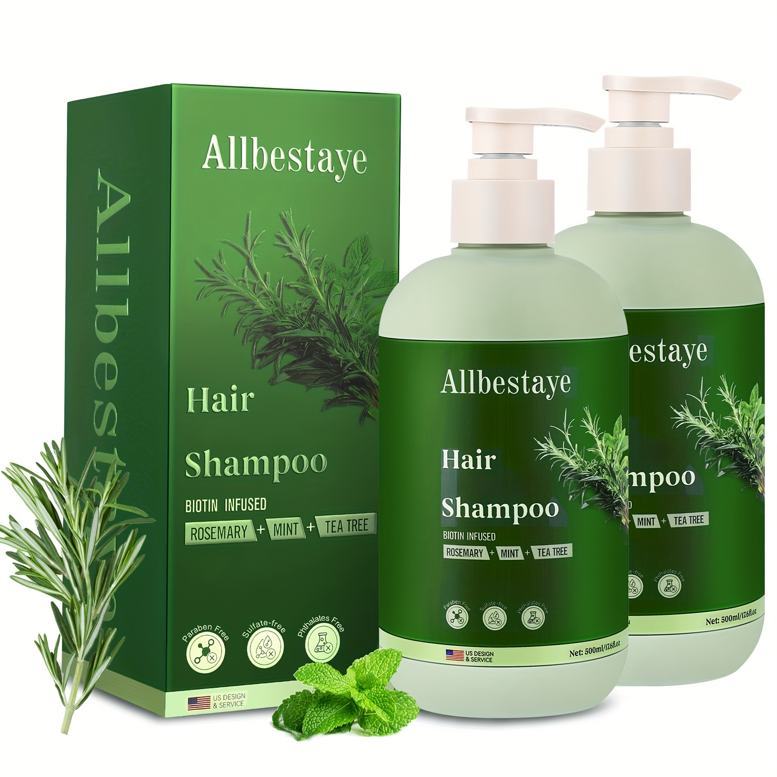 TEMU 2 Pack 16.9oz. Rosemary Mint Shampoo Biotin, Oil, Unisex Hair Shampoo For Hair Care, Moisturizing & Nourishing, For Dry, Frizzy, Damaged Hair,