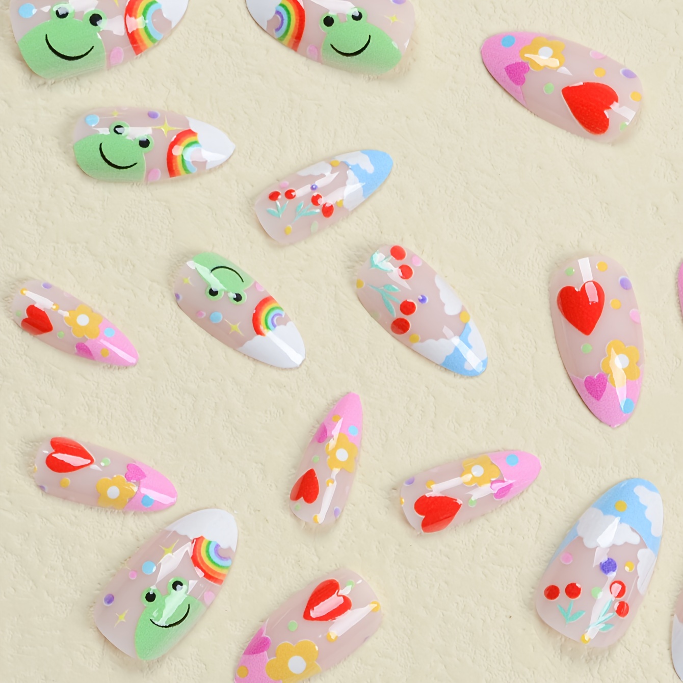 medium almond press on nails with rainbow design cute cartoon fake nails full cover false nails for women and girls details 3