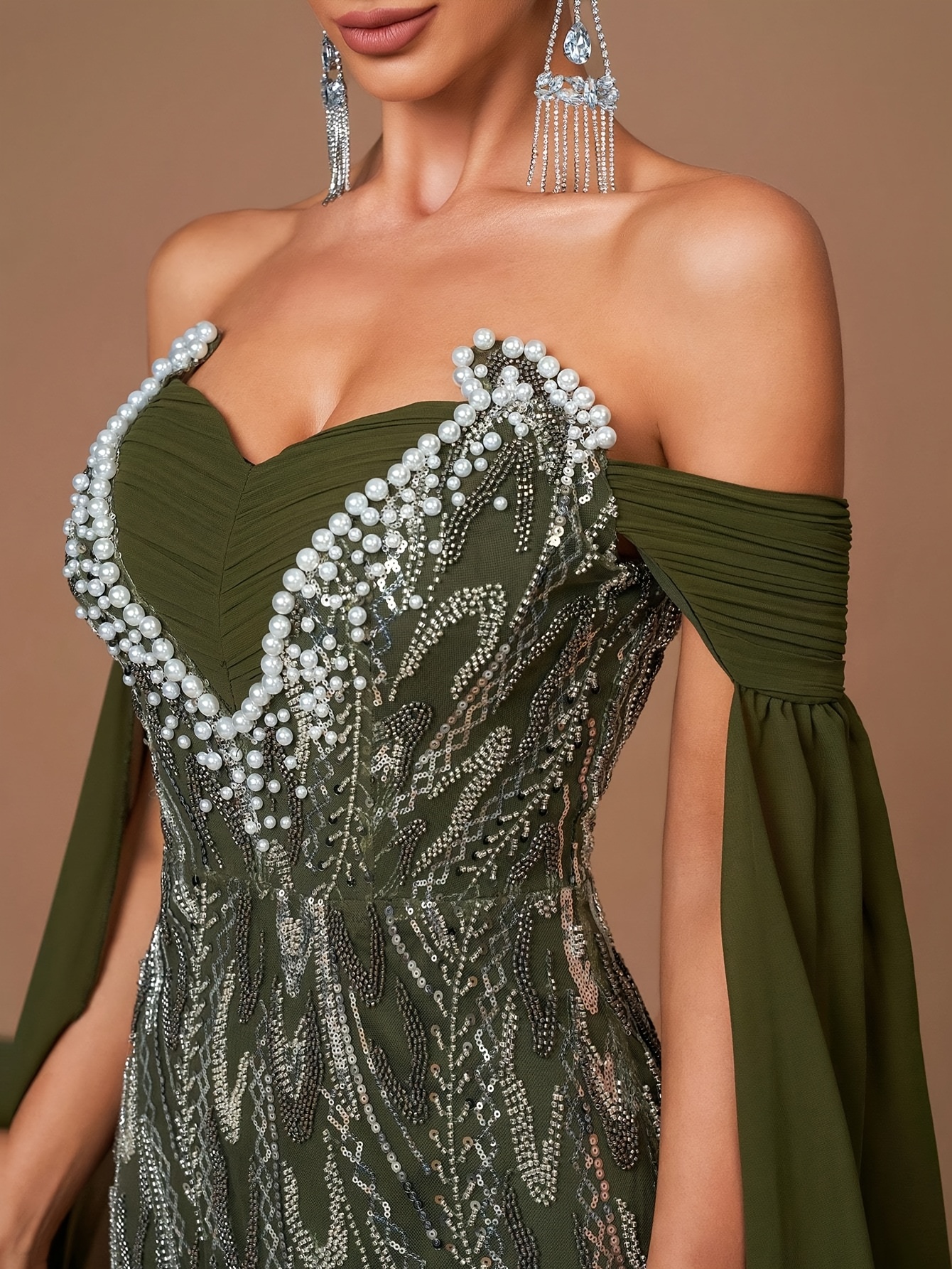 elegant shoulder womens evening gown pearl embellishments