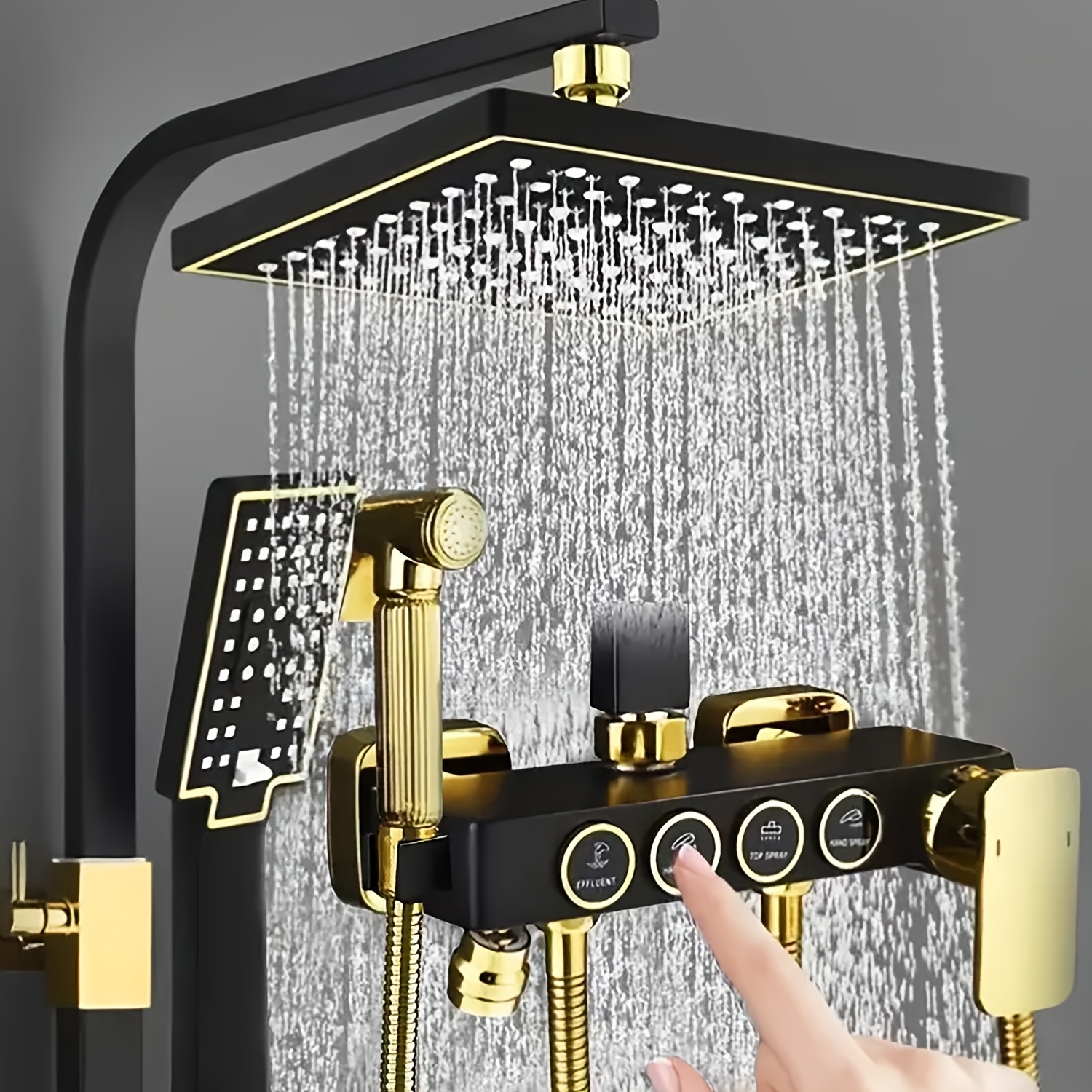 E-shop 1 Set Schwarz-Goldenes Duschsystem, Einhebel-Duschsets für das Badezimmer mit 20 cm Regenduschkopf Handbrause, luxuriöse 4-Funktionen