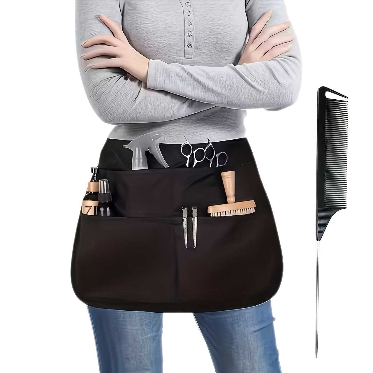 TEMU 2pcs Set: Apron + Comb, Featuring 5 Large Pockets, Black Stylist Apron, Waist-length, Suitable For Salon And To Carry Tools