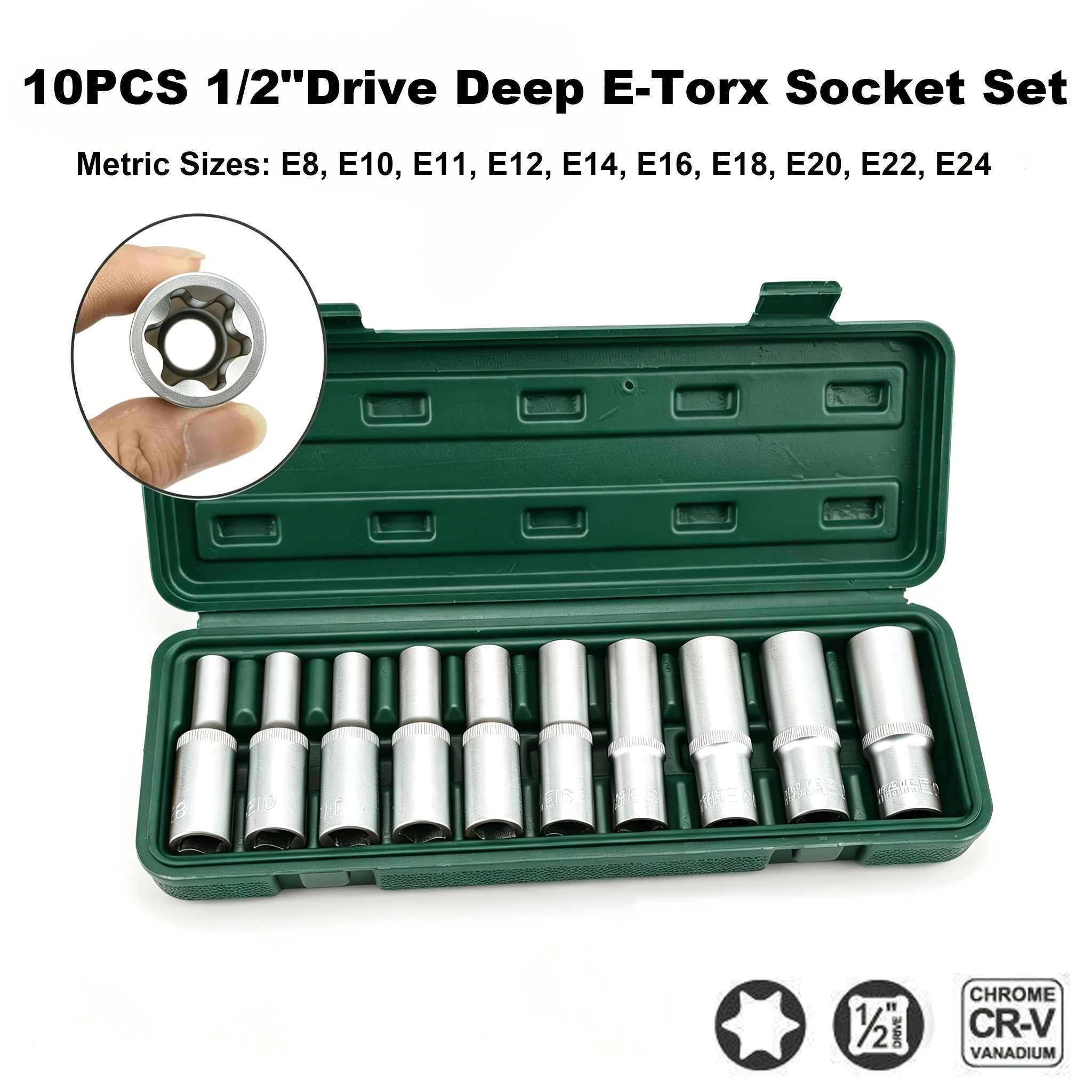 TEMU 10pcs Deep External E-torx Socket Set, Chrome Vanadium /2" Drive, Metric Sizes E8-e24, Professional Long Star Socket Kit With Portable Storage