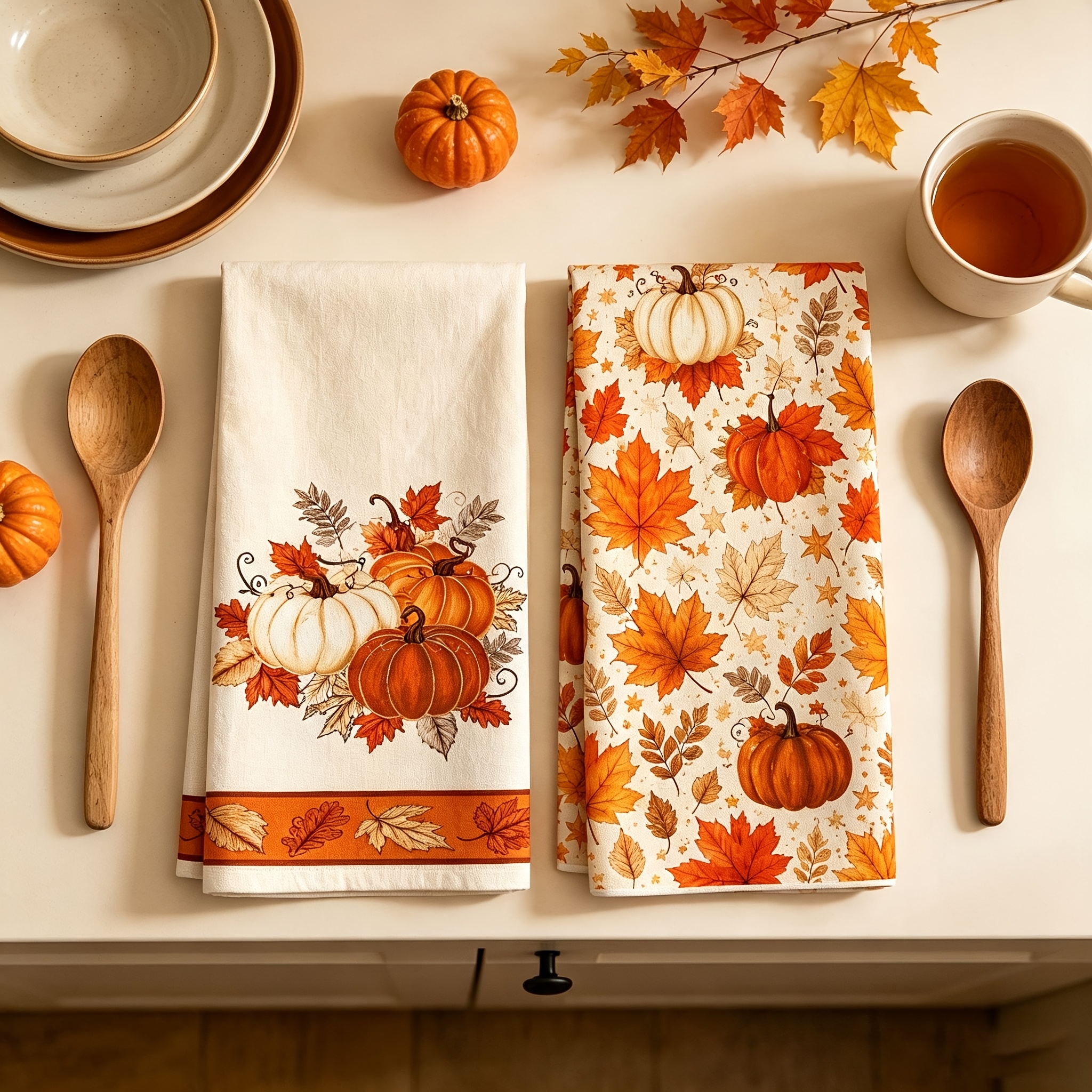 TEMU Cloth 2pcs Kitchen Towels Autumn Thanksgiving Pumpkin Maple Leaf Printed Kitchen Tea Towels, Soft And Durable Kitchen Scouring Pads, Retro Theme