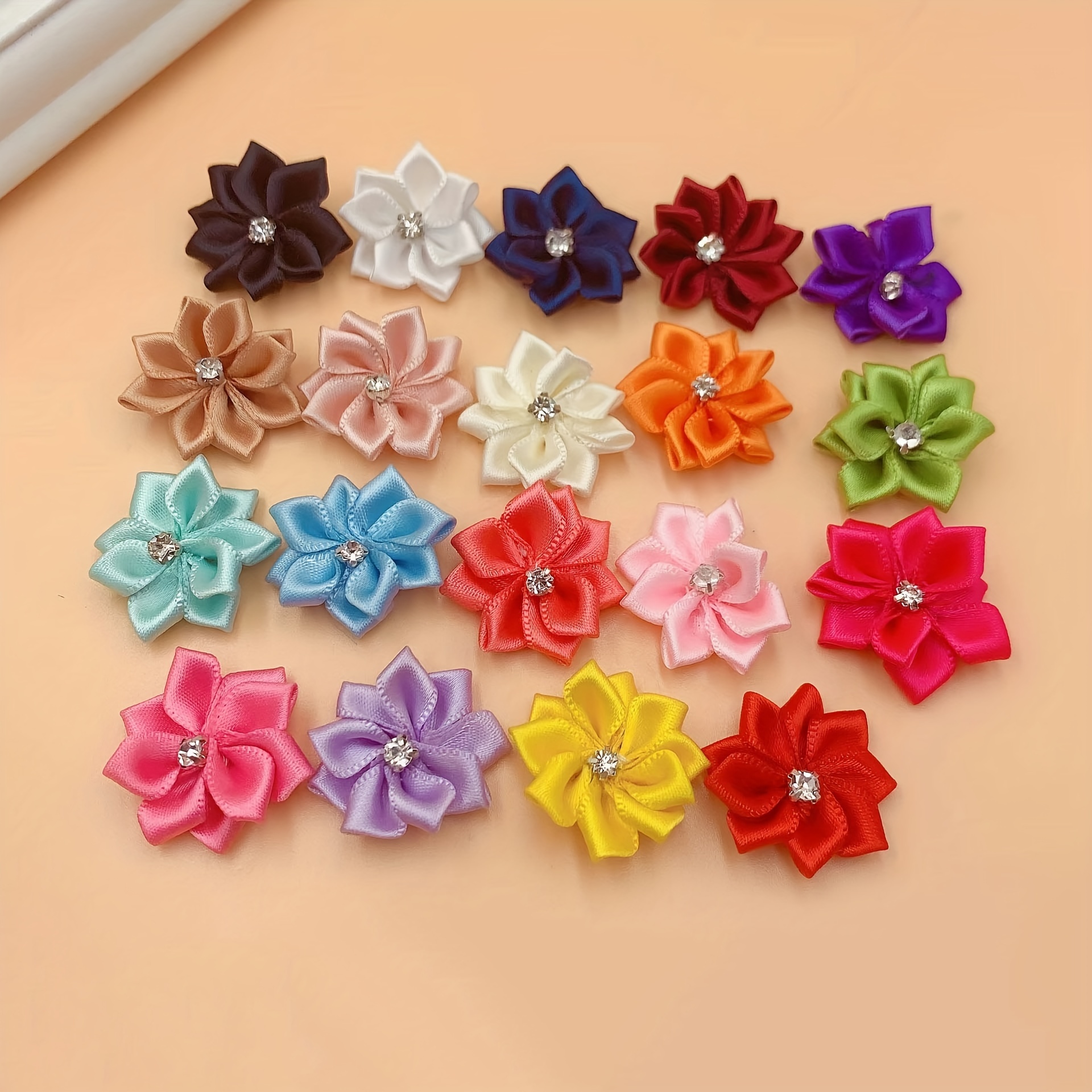 

10pcs Fabric Ribbon Flowers With Rhinestone Center, Handmade Mini Floral Appliques For Diy Headbands, Clothing Accessories, And Toy Crafts