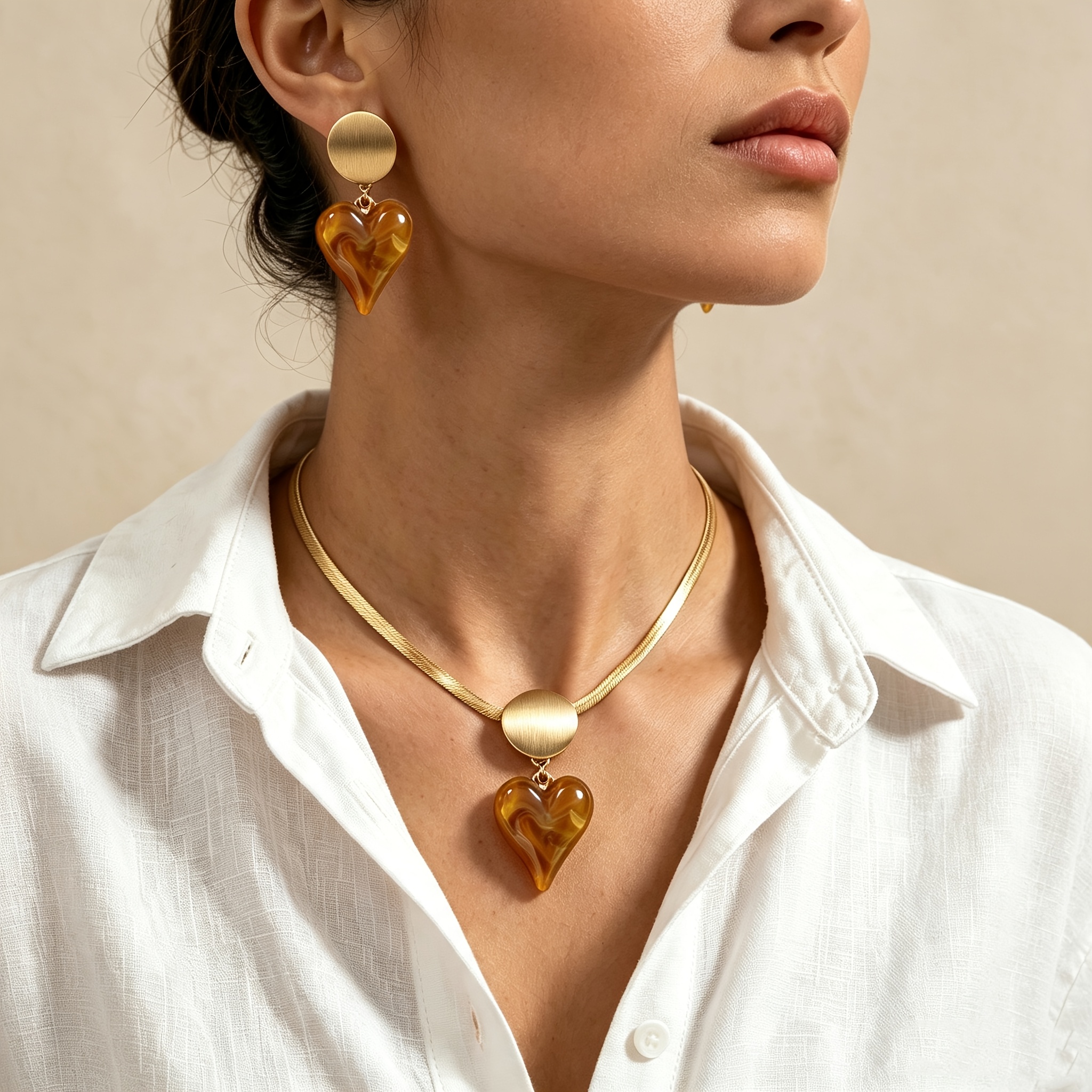 TEMU 1 Set Of Vacation-style Contrast-color Resin Heart Geometric Snake Chain Necklace And Earrings Set, Suitable For Women' Wear
