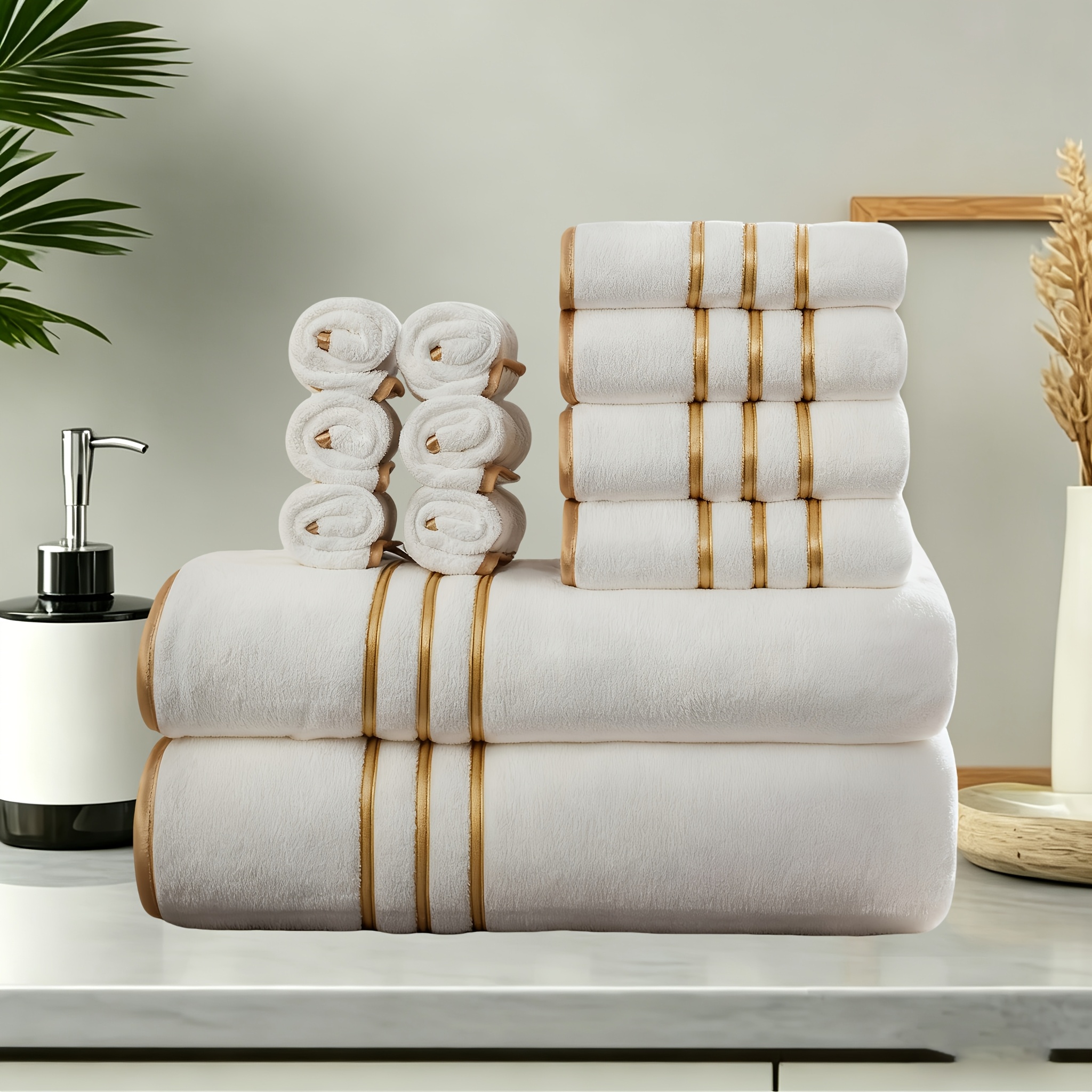 Image of 12pcs Golden Luxury Bath Towel Set - 70 X 140cm Bath, 35 X 75cm Hand, 30 X 30cm Face Towels | Premium Quick-dry And Super Absorbent