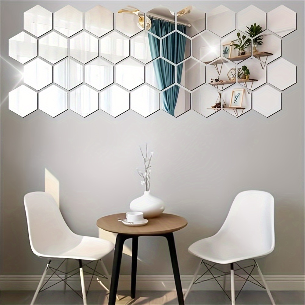 

36pcs Silvery Hexagonal Acrylic Mirror Wall Stickers - Diy 3d Geometric Decor For Bedroom, Living Room, Office, Kitchen - Easy Peel & Stick Home Decoration