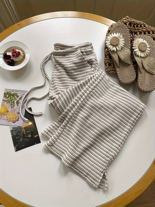 womens spring and autumn striped pants with elastic waistband drawstring pocket trousers casual wide leg flare pants for
