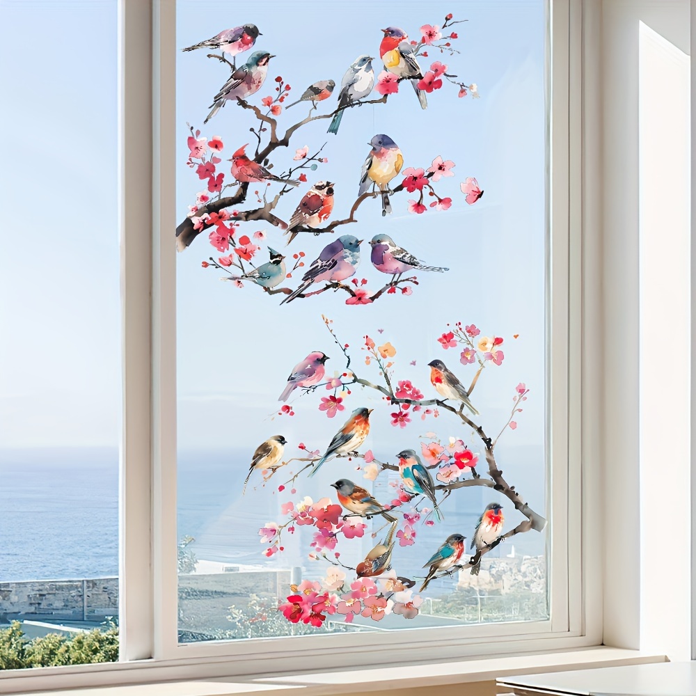 watercolor tree branches with birds and flowers removable glass window sticker home decoration 59cm   23inch details 6