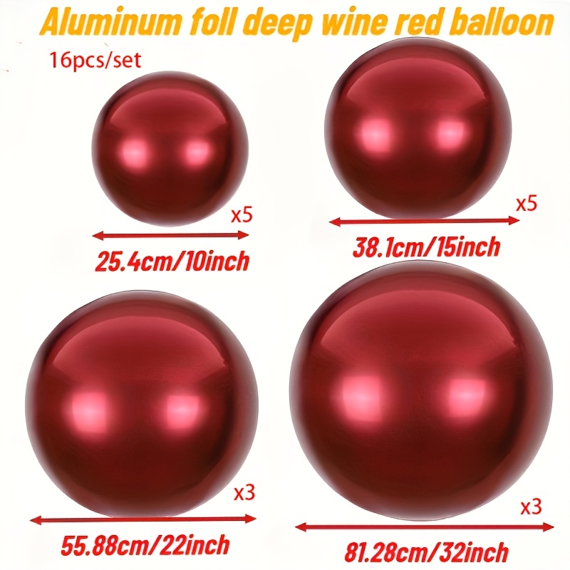 TEMU A Set Of 16pcs Includes 5 Balloons Of 10 Inches, 5 Balloons Of 15 Inches, Of 22 Inches, And Of 32 Inches. Burgundy Red Foil Balloons Are