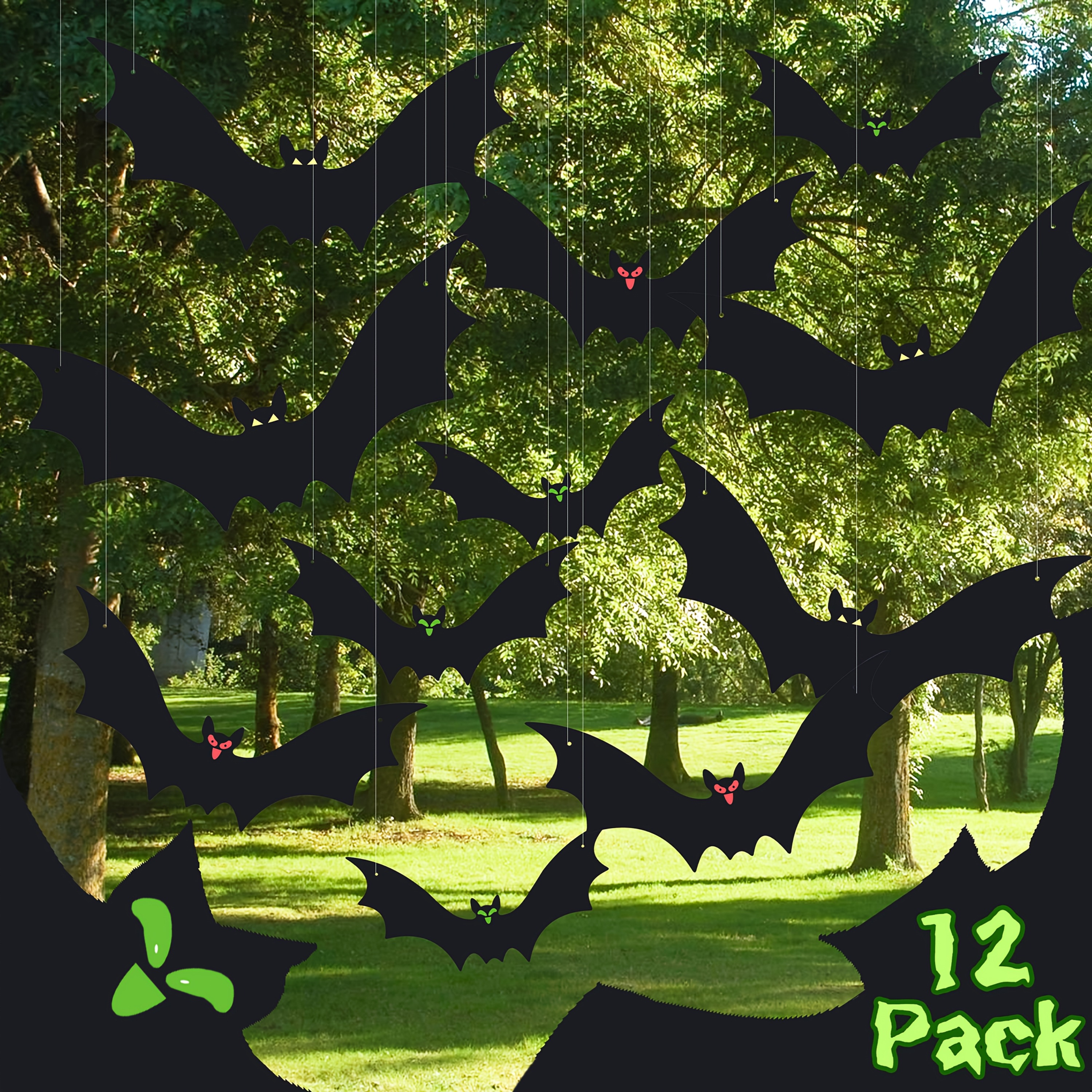 Image of A Set Of 12 Outdoor Hanging For Halloween Bat Decorations In 3 Sizes, Suitable For Hanging On Trees. Waterproof Black Plastic Bats Are Perfect For Outdoor Use On And Lawns