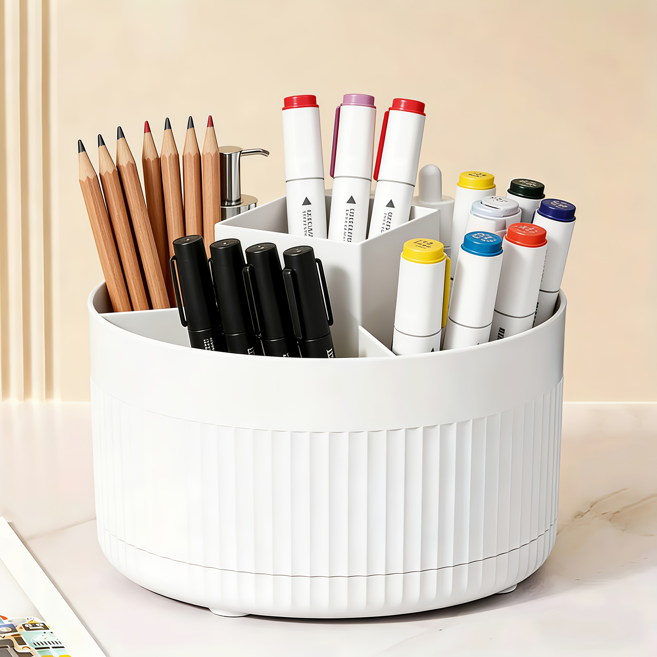 TEMU Boîte de rangement rotative pour crayons, 1 pièce, blanche, à compartiments, en polypropylène PP, convient pour sur bureau et dans tiroir de