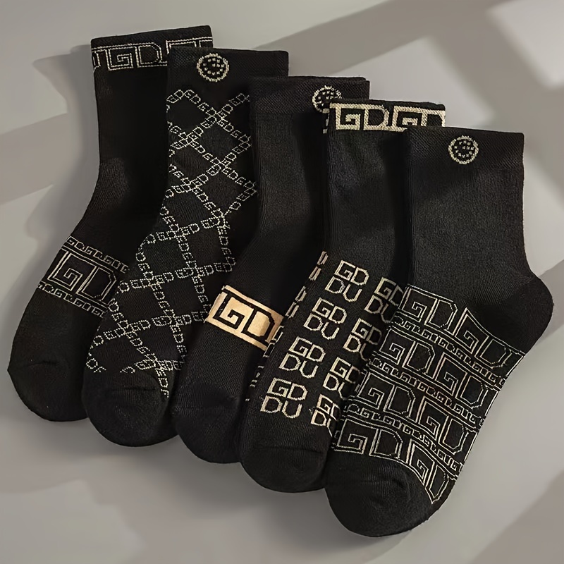 TEMU 5pcs Men' Crew Socks - Golden , Geometric Pattern | Breathable Nylon Blend For Spring & Fall