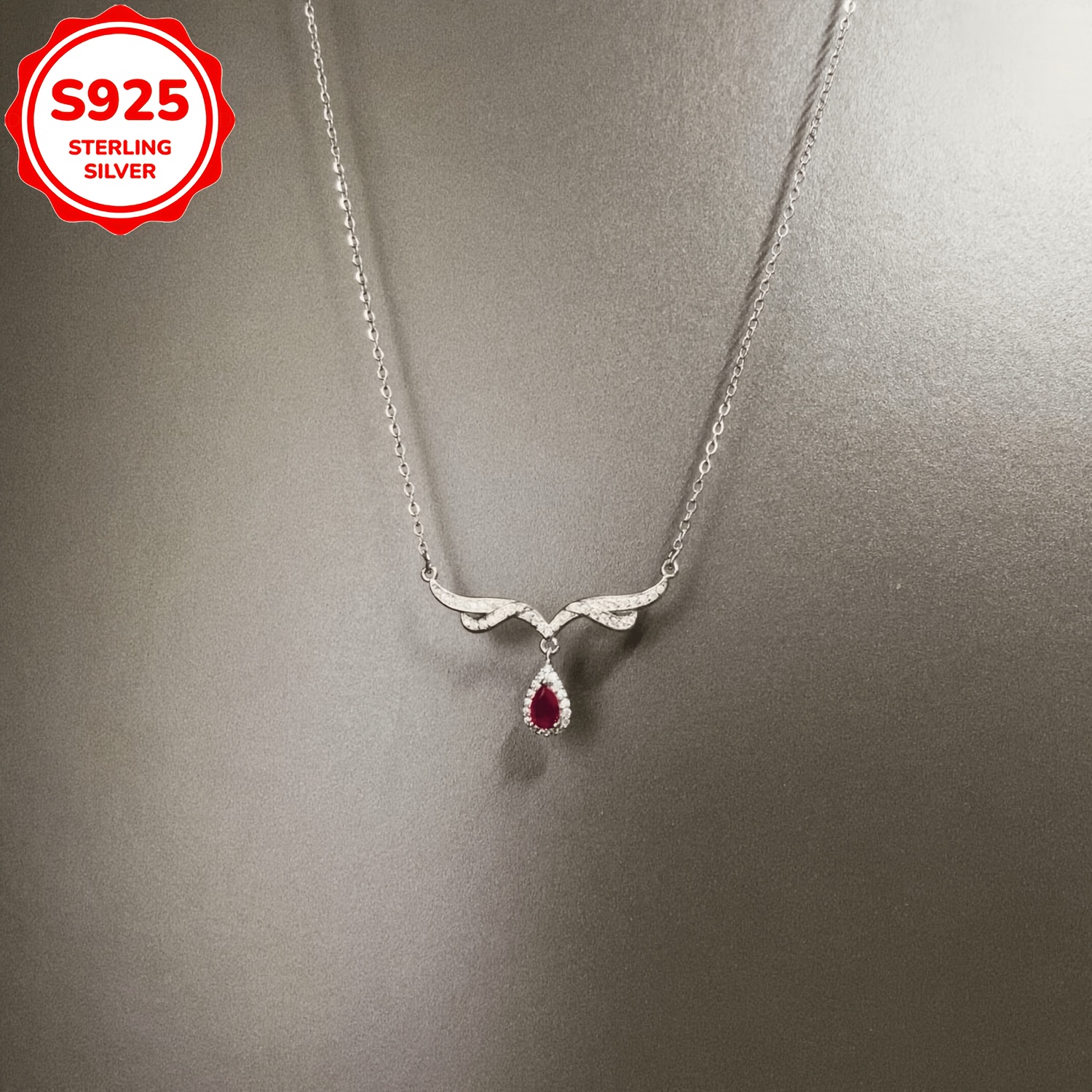 Women's S925 Silver Angel Wings Water Drop Necklace, Light Luxury
