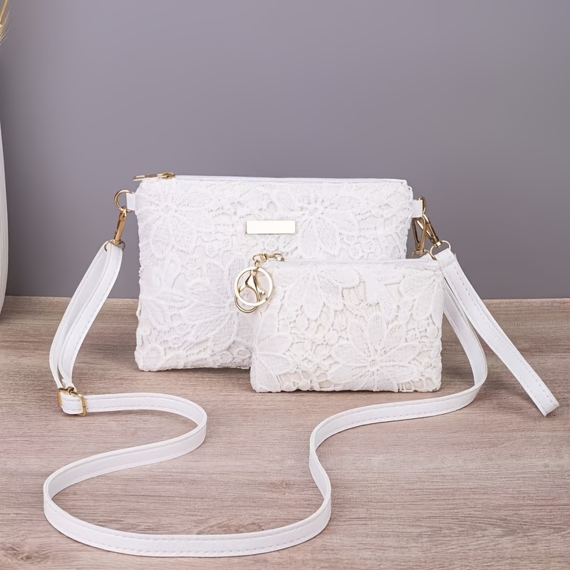TEMU White Cut-out 2pcs Shoulder Bag Set, Women's Versatile Crossbody Bag, Fresh And Gentle Style Small Square Shoulder Bag With Purse