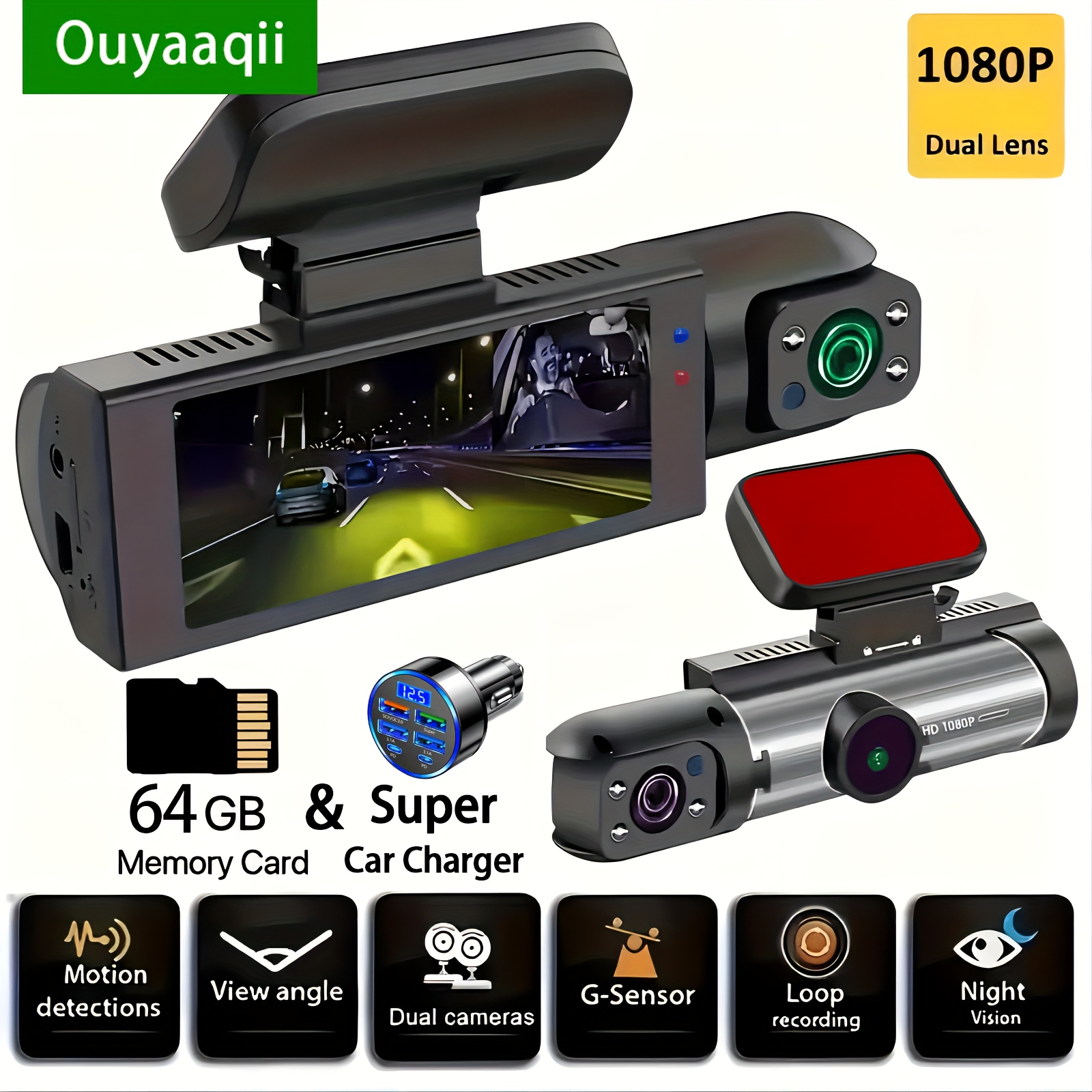 

[] Ouyaaqii Upgraded Black Dash Cam With 1080p Night Vision, Dual Lens For Front & Interior, 64gb Memory Card, Fast Car Charger, , Loop Recording - Alloy Shell