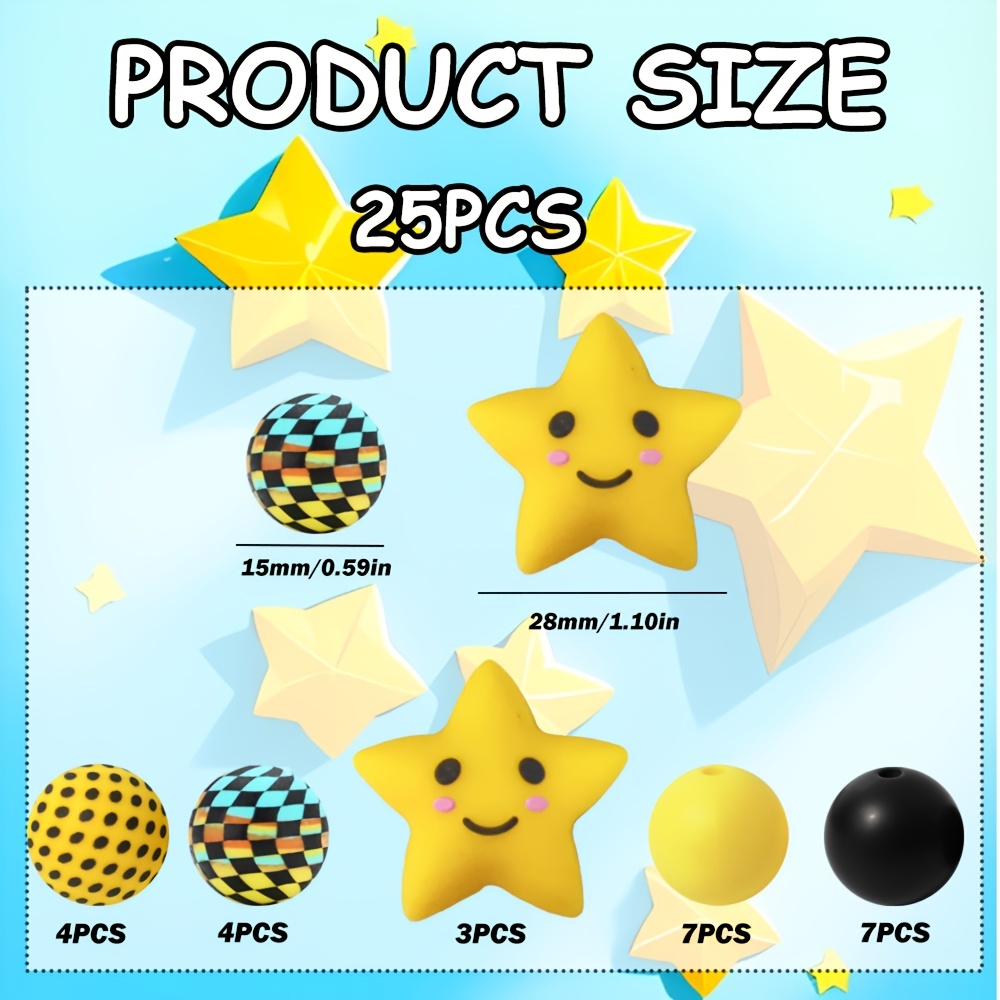TEMU 25pcs Of Star-shaped Silicone Beads, With Striped 15mm Round Silicone Beads, Featuring A Soft Squeeze Texture And , Ideal For Crafts, Jewelry,