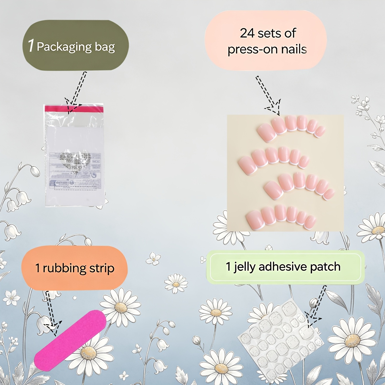 TEMU 27-teiliges Set (24 tragbare Panzer-Nägel + 1 Aufbewahrungstasche + 1 Nagelfeile + 1 Blatt Gelekleber) – Premium kurze quadratische hautfarbene