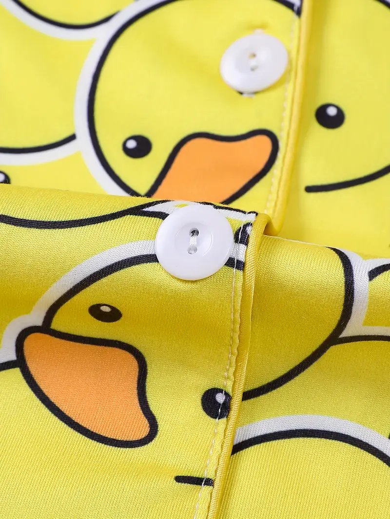 two piece womens yellow duck print pajamas set fabric comfortable all year round long sleeved button up top collar and matching pants with full body print and pocket details suitable for adult pajamas set Product details 4
