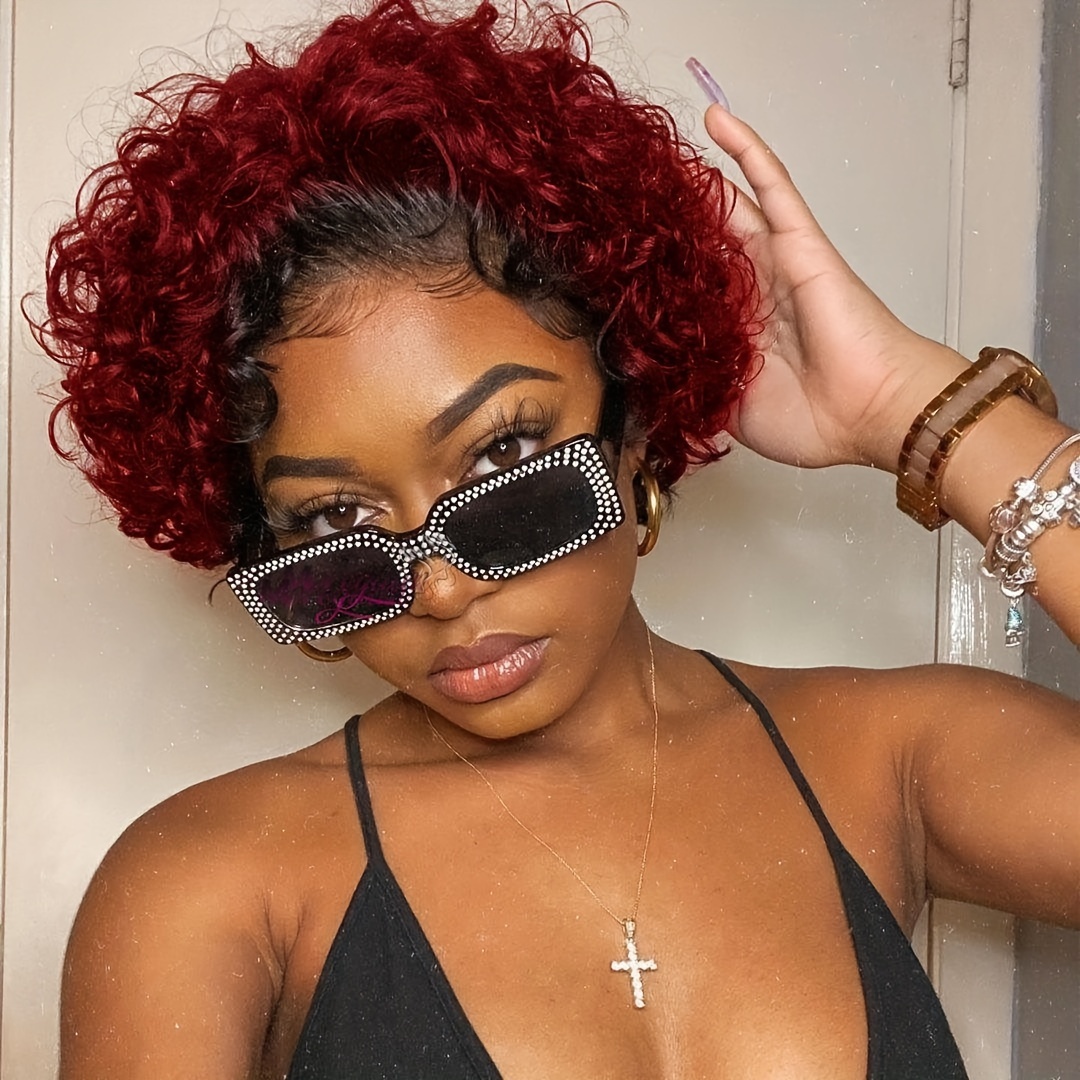 TEMU Perruque Courte Bob 1B 27 en Cheveux Humains Courts Bouclés, Perruque Frontale en Dentelle Transparente 13X1 Ondulée Profonde, Perruque Courte