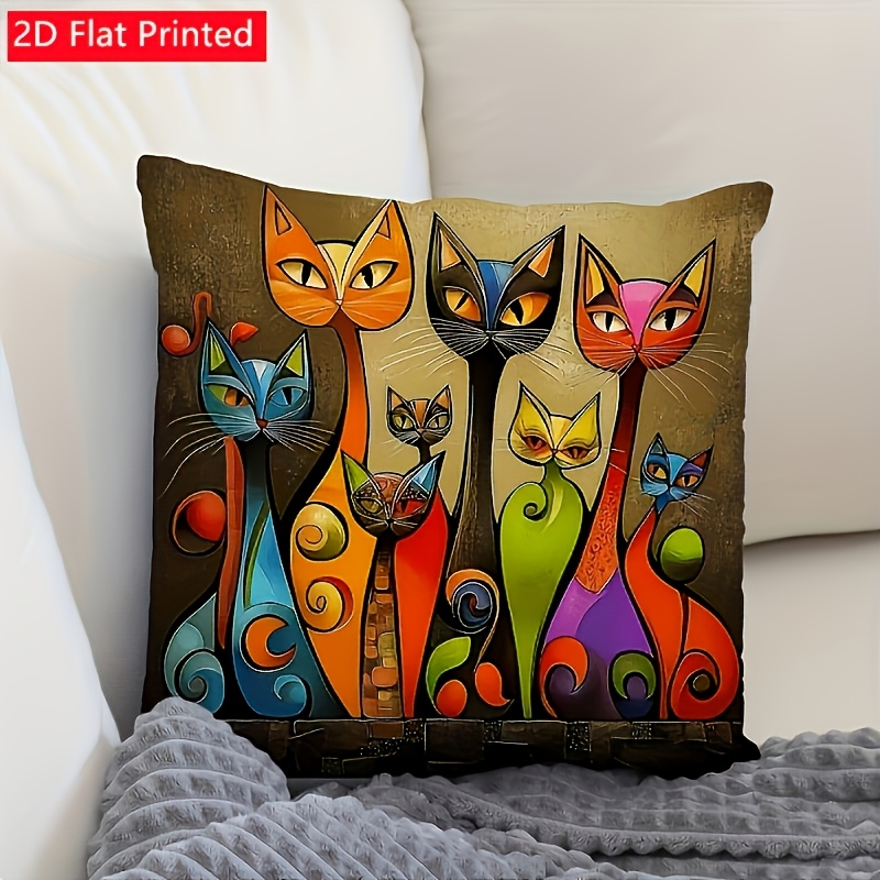 TEMU 2d Flat Printed, 1pc Colorful Cat Art Short Plush Throw Pillow Cover, 45×45cm Double-sided Cushion Case Without Pillow Insert, Soft Decorative