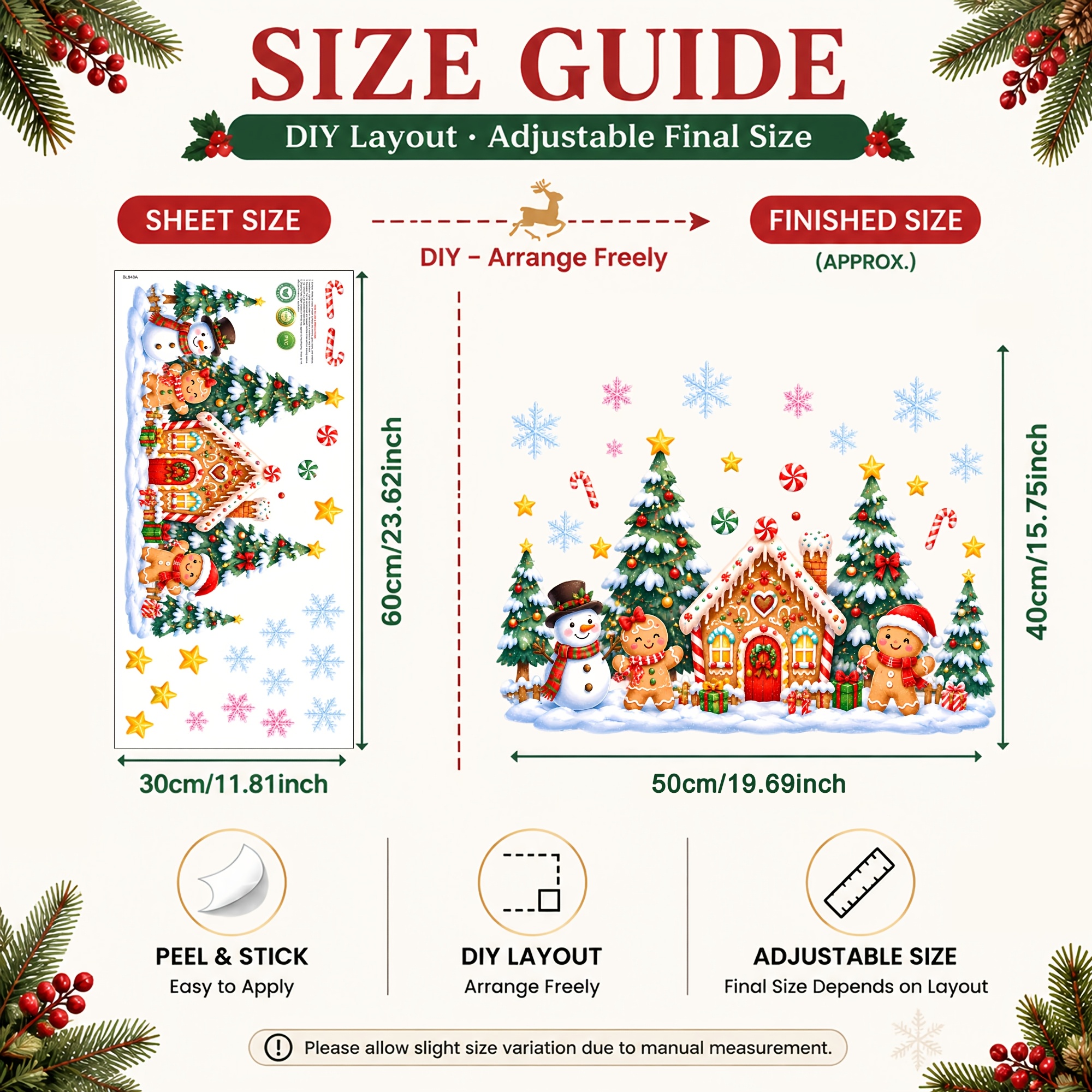 TEMU 1 pz 30X60Cm Casa di Zucchero di Natale con Finestra Adesiva Riutilizzabile Non Adesiva Decalcomania Albero di Natale Barattoli di Zucchero di