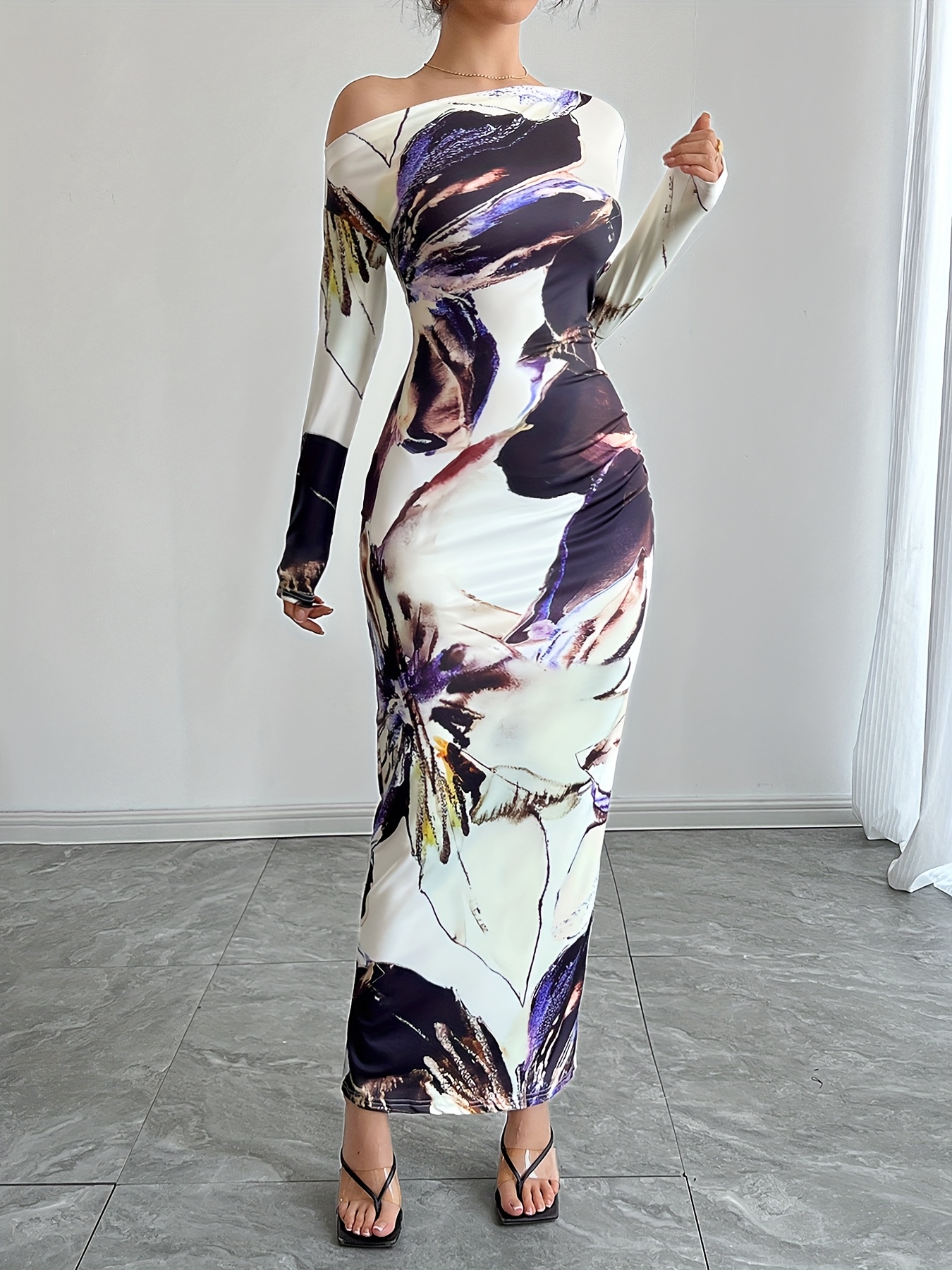 womens elegant asymmetrical neck long sleeve sheath dress - Temu Germany