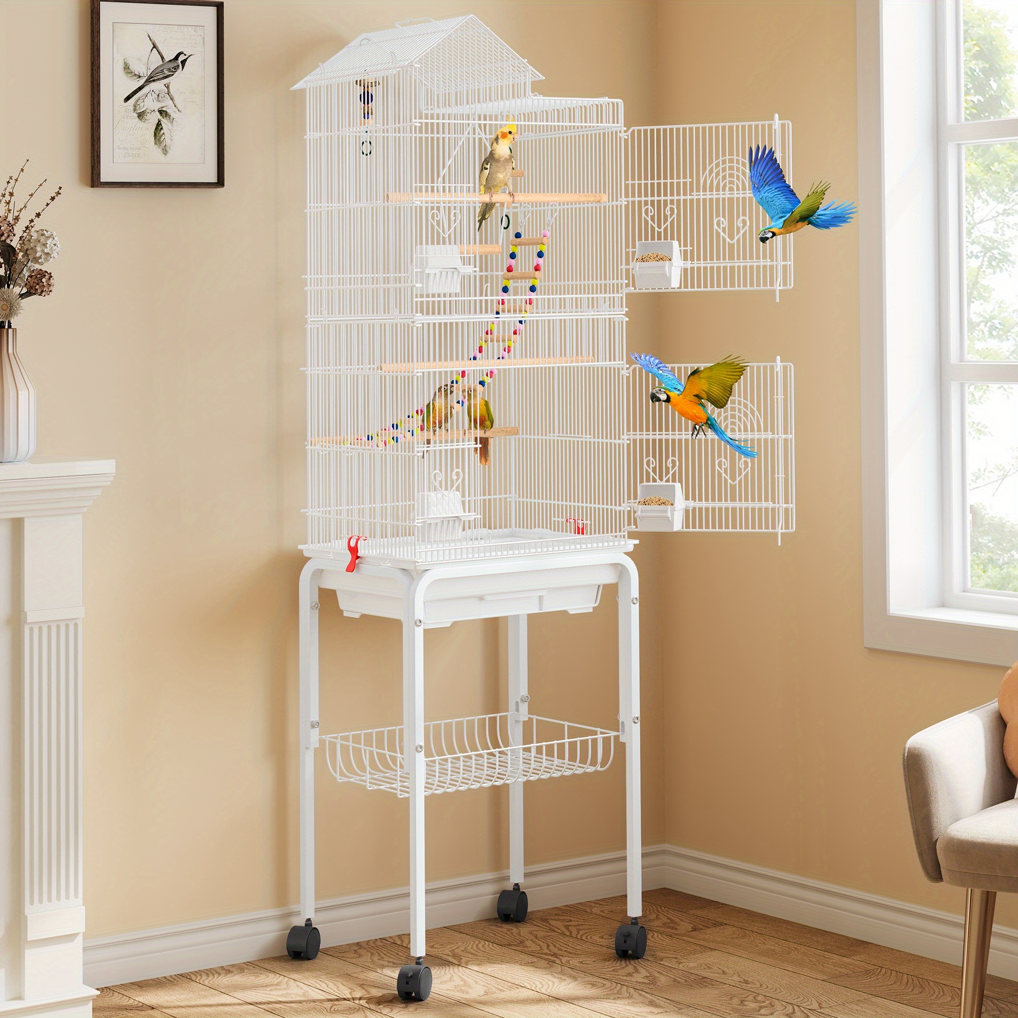 

62 Inch Metal Bird Cage, Large Parakeet Cages For Parrot, Cockatiel, Lovebird, With Roof Top, Rolling Stand And Hanging Toys, White