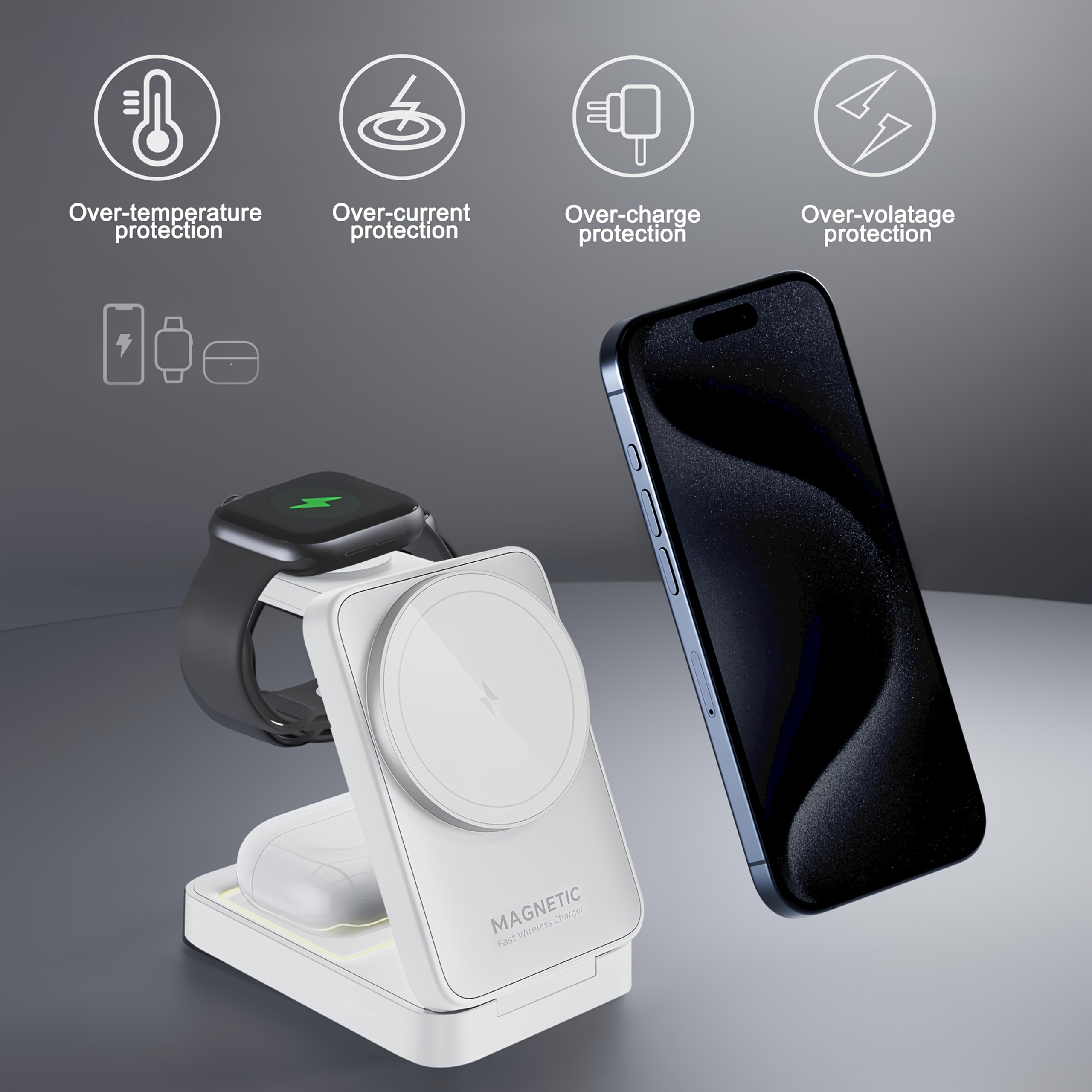 TEMU Station de charge fil 3-en-1, chargeur pliable portable, plateau de charge fil 15W, convient et , compatible avec les séries iPhone