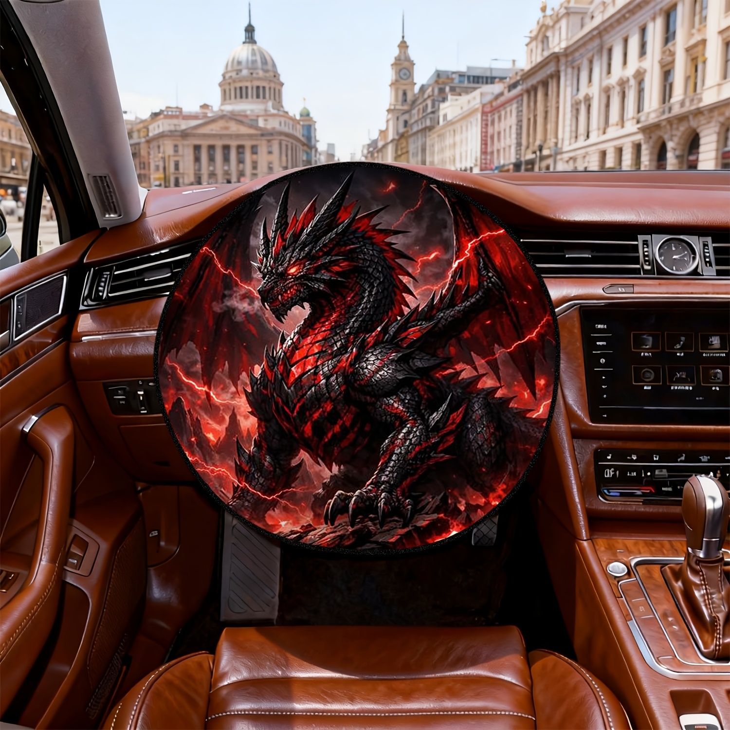 TEMU 1 pièce, Pare-soleil de volant 1 pièce, style et cool avec dragon de flammes, impression 2D à plat, pour la décoration intérieure de voiture,