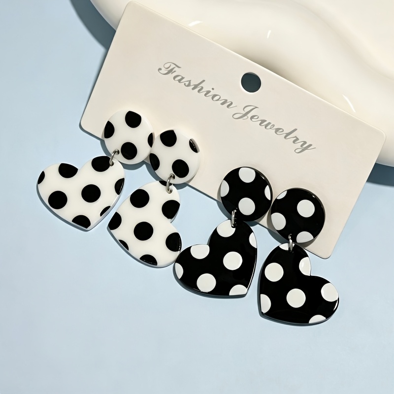 2pc Heart Polka Dot Earrings Set, Fun & Fashionable