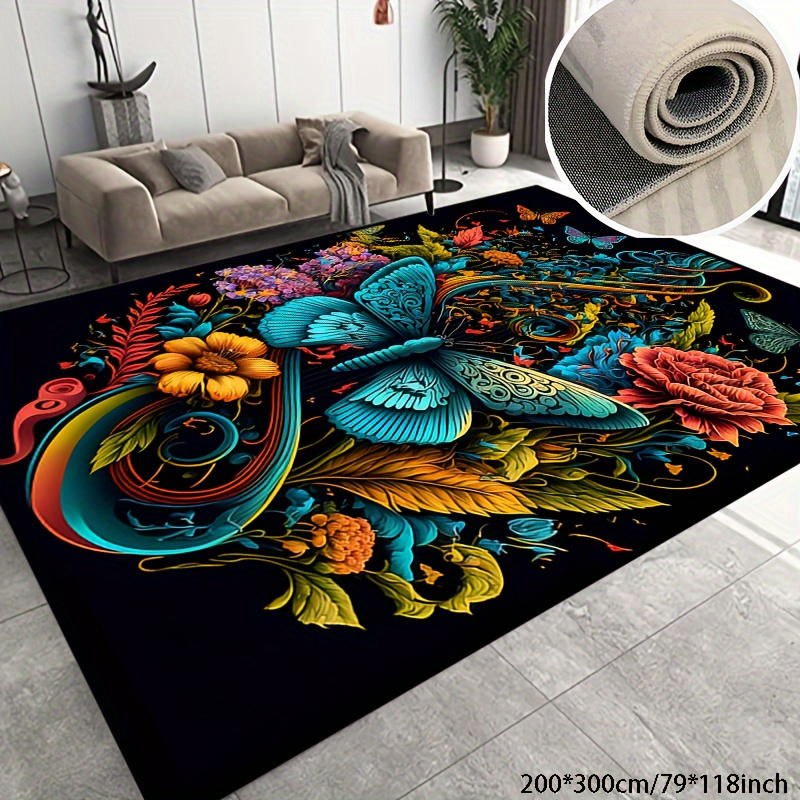 

Living Room Bedroom Faux Cashmere Area Rug Vector Butterfly Flower Carpet Anti-slip Soft Washable Office, Home, Outdoor Carpet, Etc Indoor And Outdoor Can Be Used