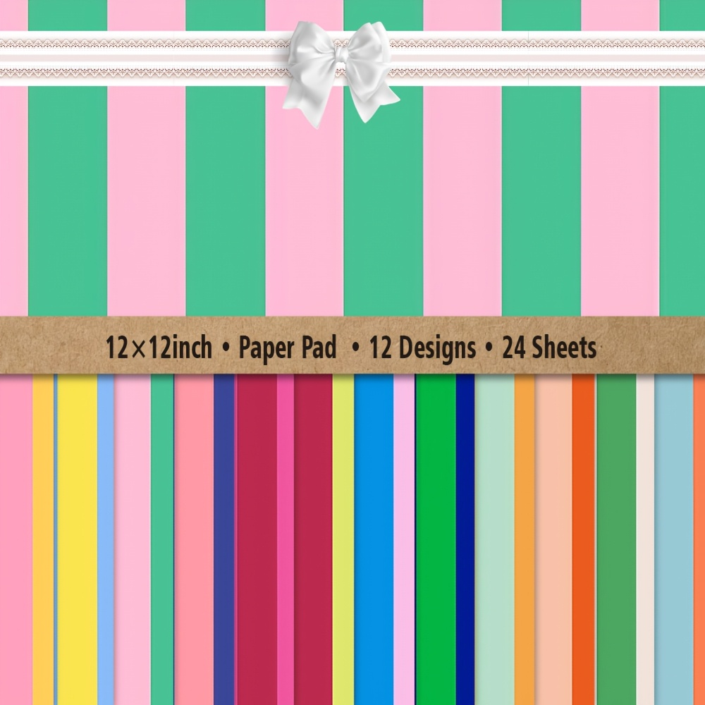E-shop 12x12 Zoll -Papierblock - 12 einzigartige Designs inklusive Streifenmuster Unifarben, 24 Blatt säurefreies, schweres Bastelpapier für
