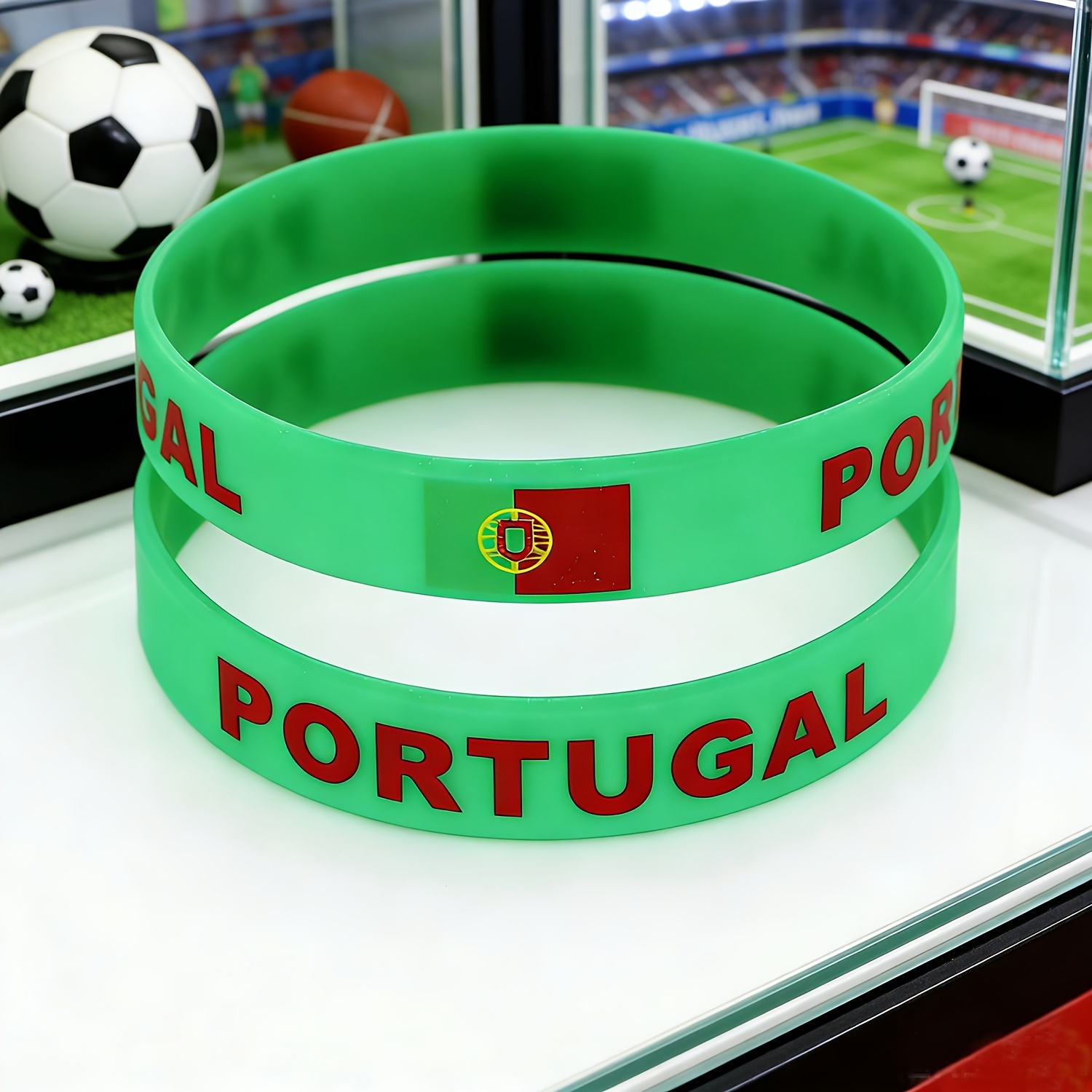 TEMU 2pcs Set, Portuguese Theme S, Green And Red Dual Colors, Couple Best Friend Same Style Bangle Soccer Competition Portuguese Style Elastic Band,