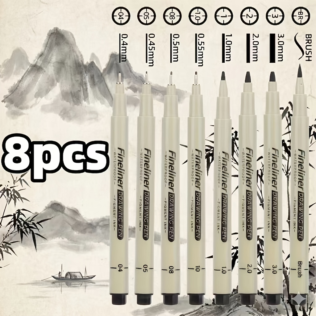 TEMU 8pcs Set Of Quick- Fine Point Pens With Caps And Ink, Suitable For Line Drawing, Sketching, Journaling, Dotting, Durable Plastic Nib, For