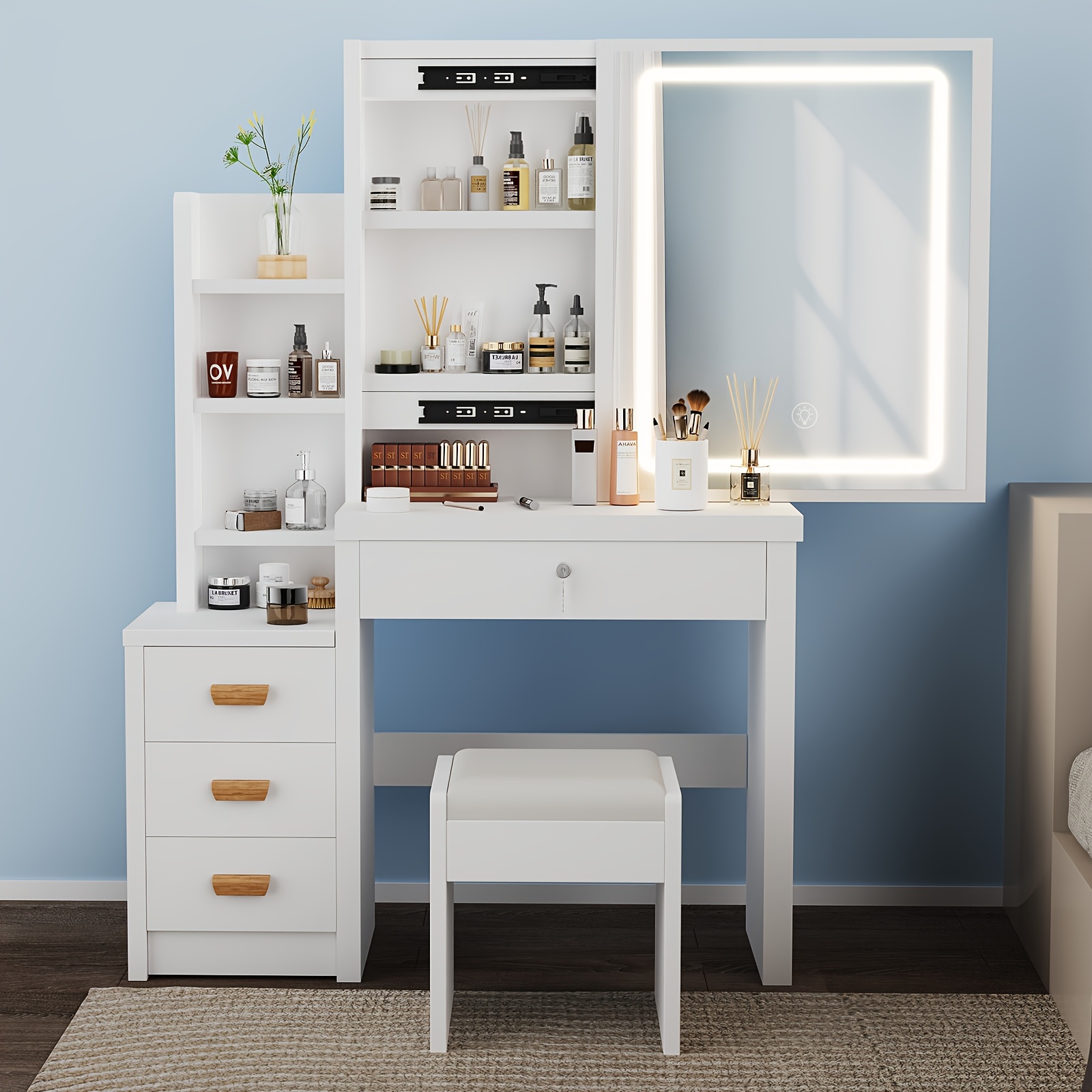 TEMU Modern Makeup Vanity Table Set With Sliding Mirror, Led Dressing Desk With 4 Drawer, 4 Drawers, 6 Hidden Shelves, And Stool, Makeup Desk For