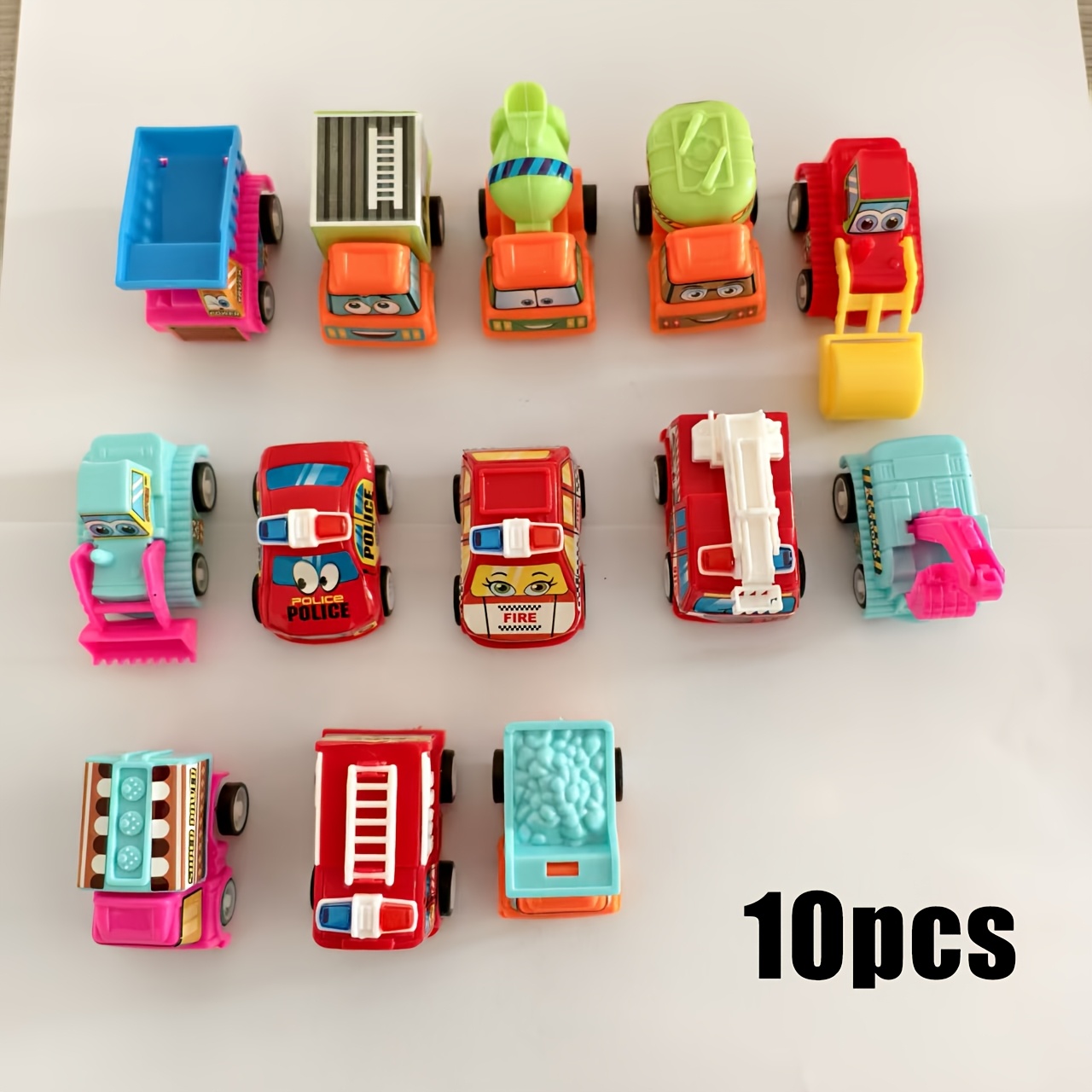 Image of Set Of 10 Pull-back Vehicles Small -powered Construction Trucks & Fire Engines (featuring Cartoon Stickers) | Ideal Birthday & Christmas Party Gifts | Assorted Colors