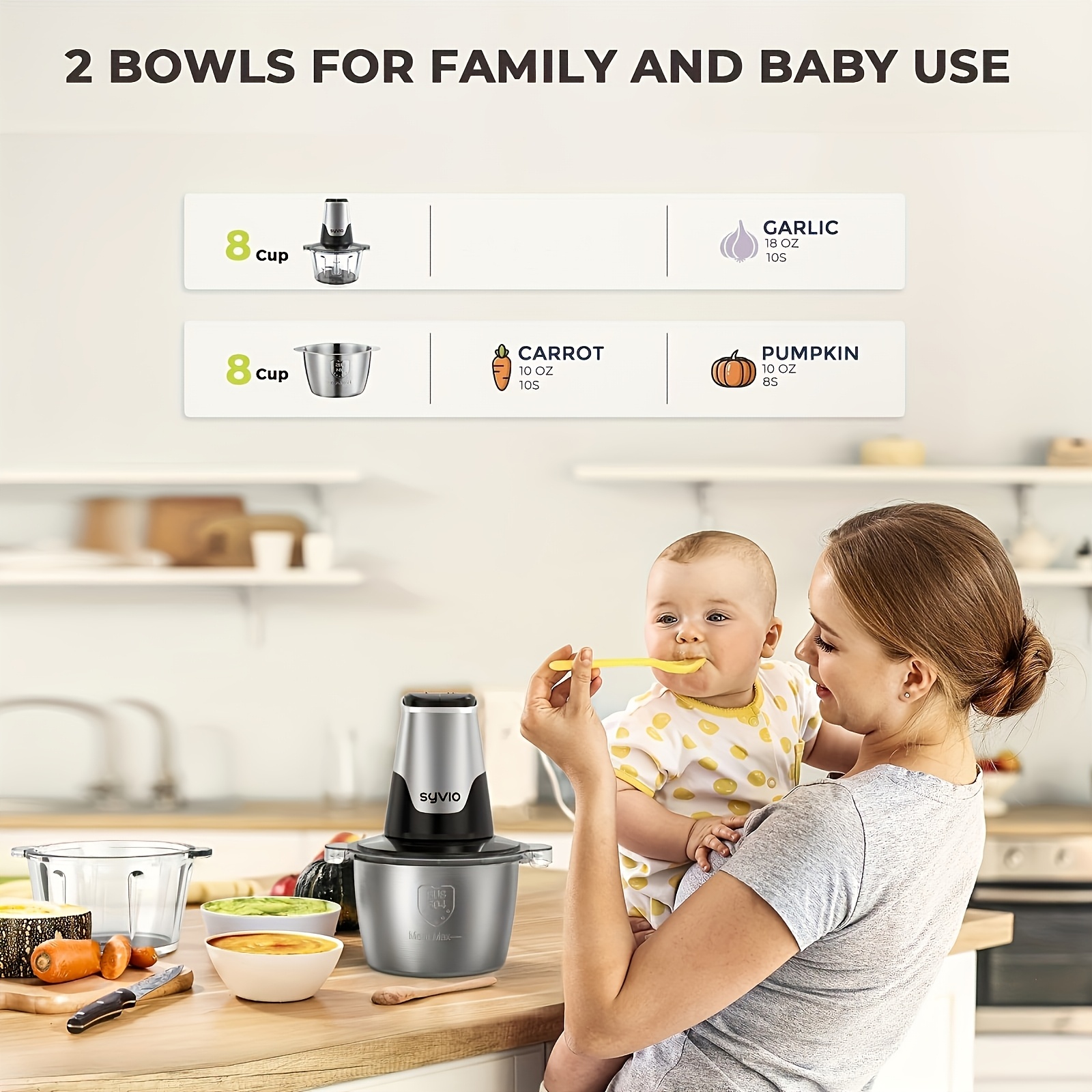   food processors with 2 bowls meat grinder 4 bi level blades mini electric food chopper 450w for baby food meat onion vegetable chopper 2 speed 8 cup and 8 cup christmas gifts Product details 4