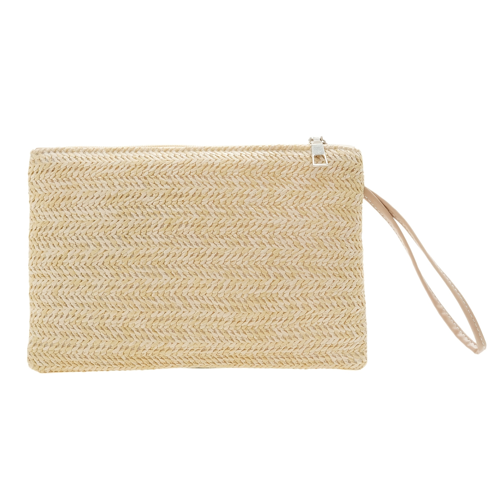 TEMU Personalized Embroidered Straw Handbag, Custom Bohemian Zipper Pouch With Wrist Strap And Zipper - Embroidery Personalization, Bridesmaid Makeup