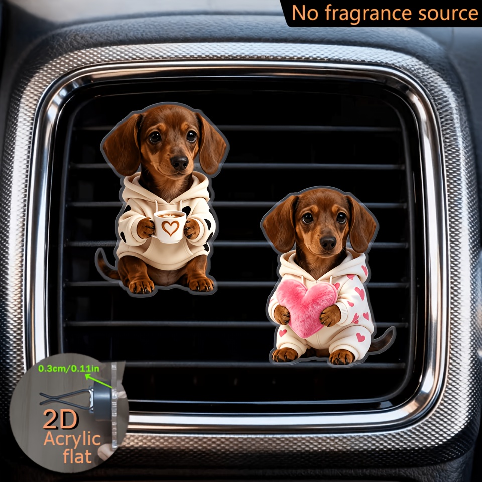 TEMU 2d Flat 2pcs Adorable Dachshunds Wearing Different Colored Clothes And Holding Different Things Acrylic Car Air Fresheners - Car Interior