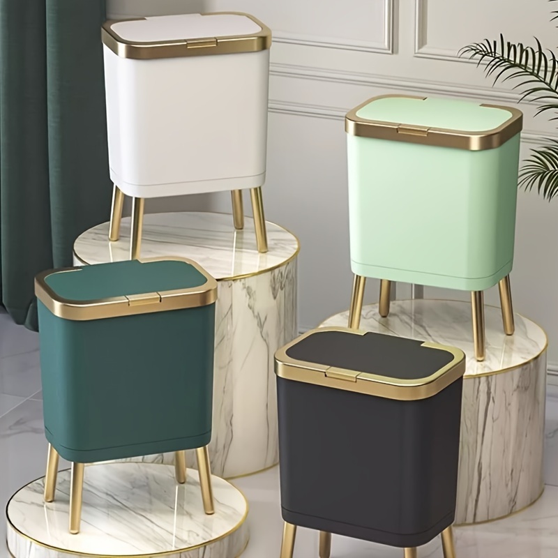 

Elegant High-leg Trash Can For Kitchen And Bathroom With Lid, Large Capacity, Rectangular Plastic Waste Bin With Press-type Opening, Non-electric, Light For Room