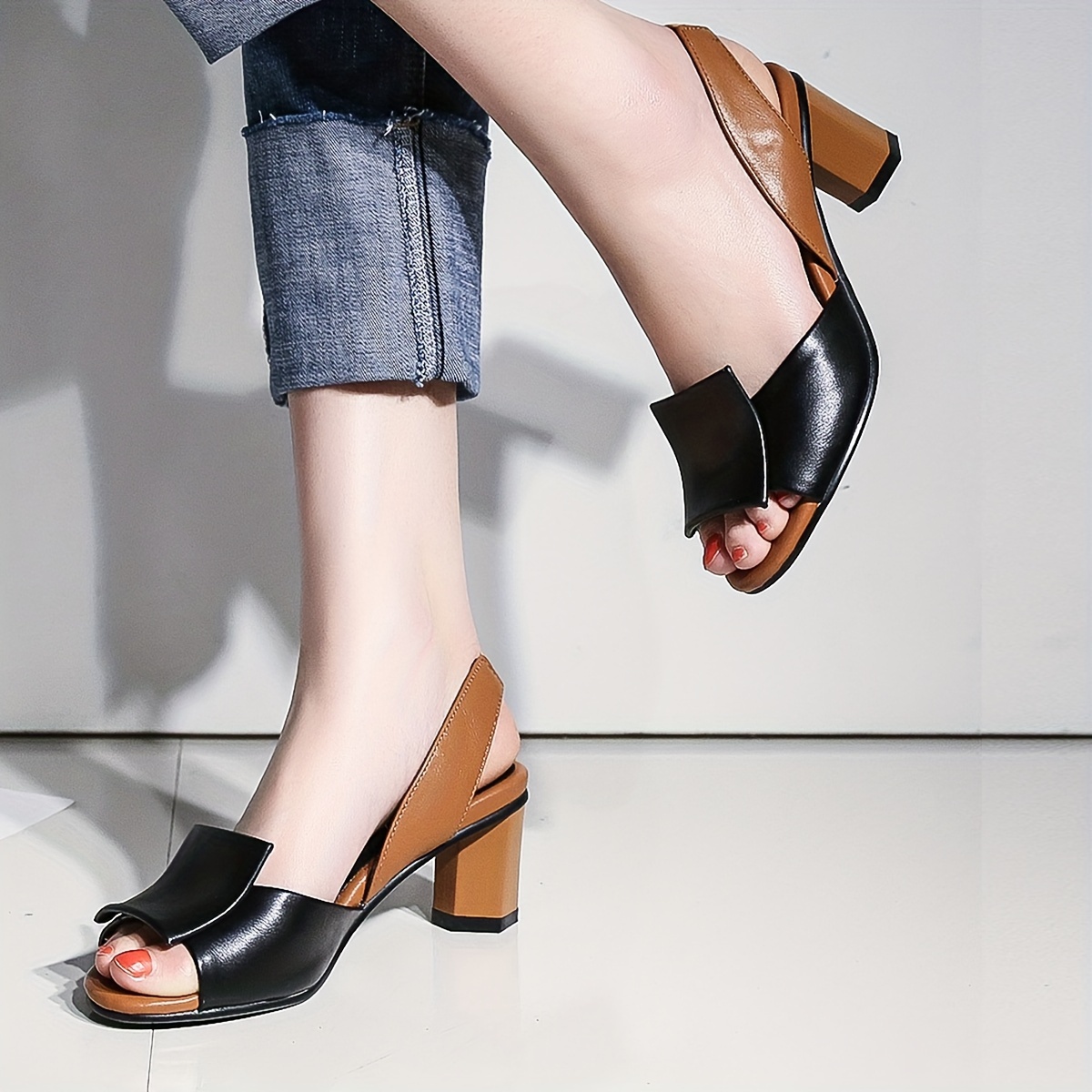

Women's Contrast Color Block Heeled Sandals, Fashion Open Toe Dress Pumps, Stylish Ankle Strap Heels