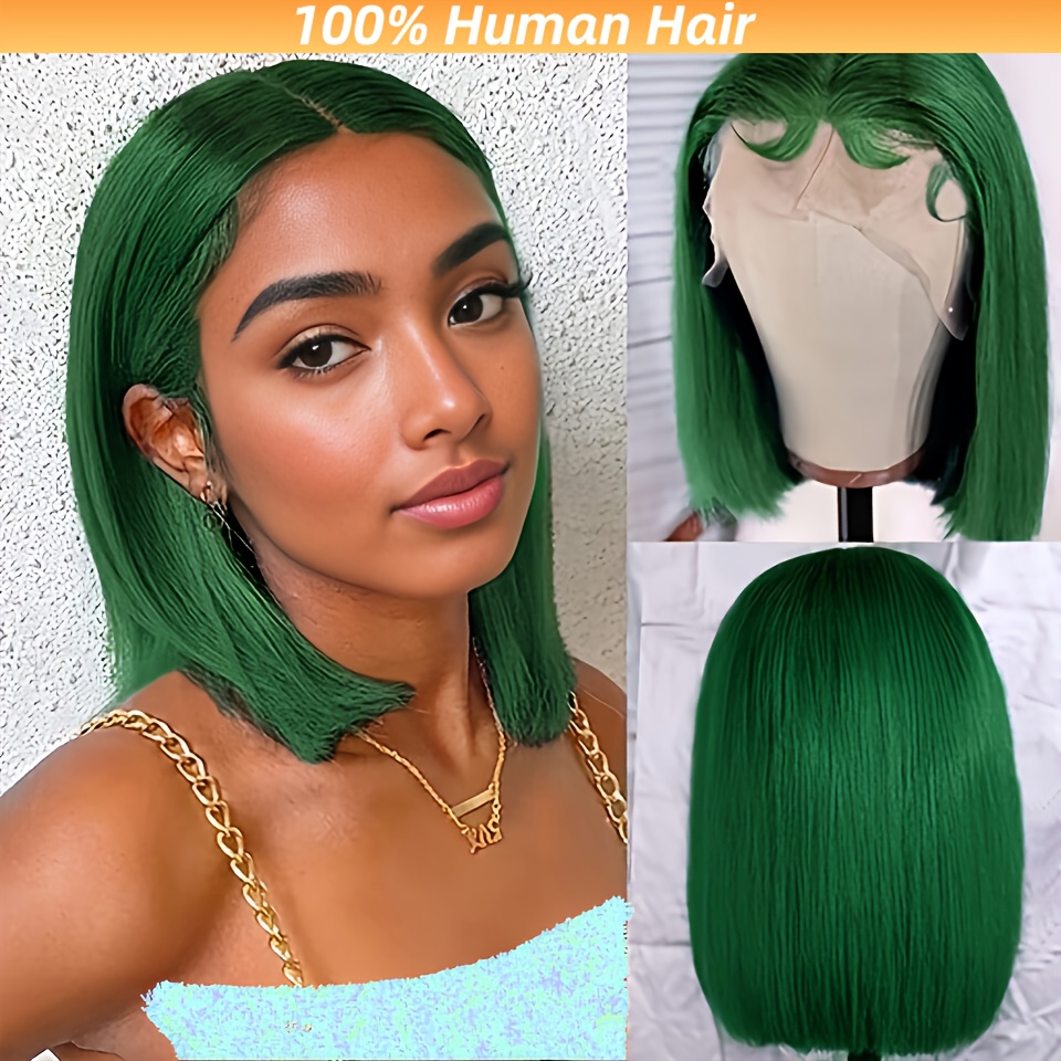 

13x4 Green Straight Bob Wig - 180% Density, Straight Hair, Universal Size, Real Lace Base - Suitable For All Ethnicities