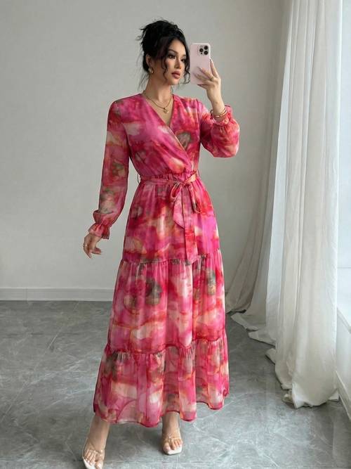 womens long dress long chiffon dress a line skirt elegant formal party wedding guest casual regular fit floral long sleeve v neck