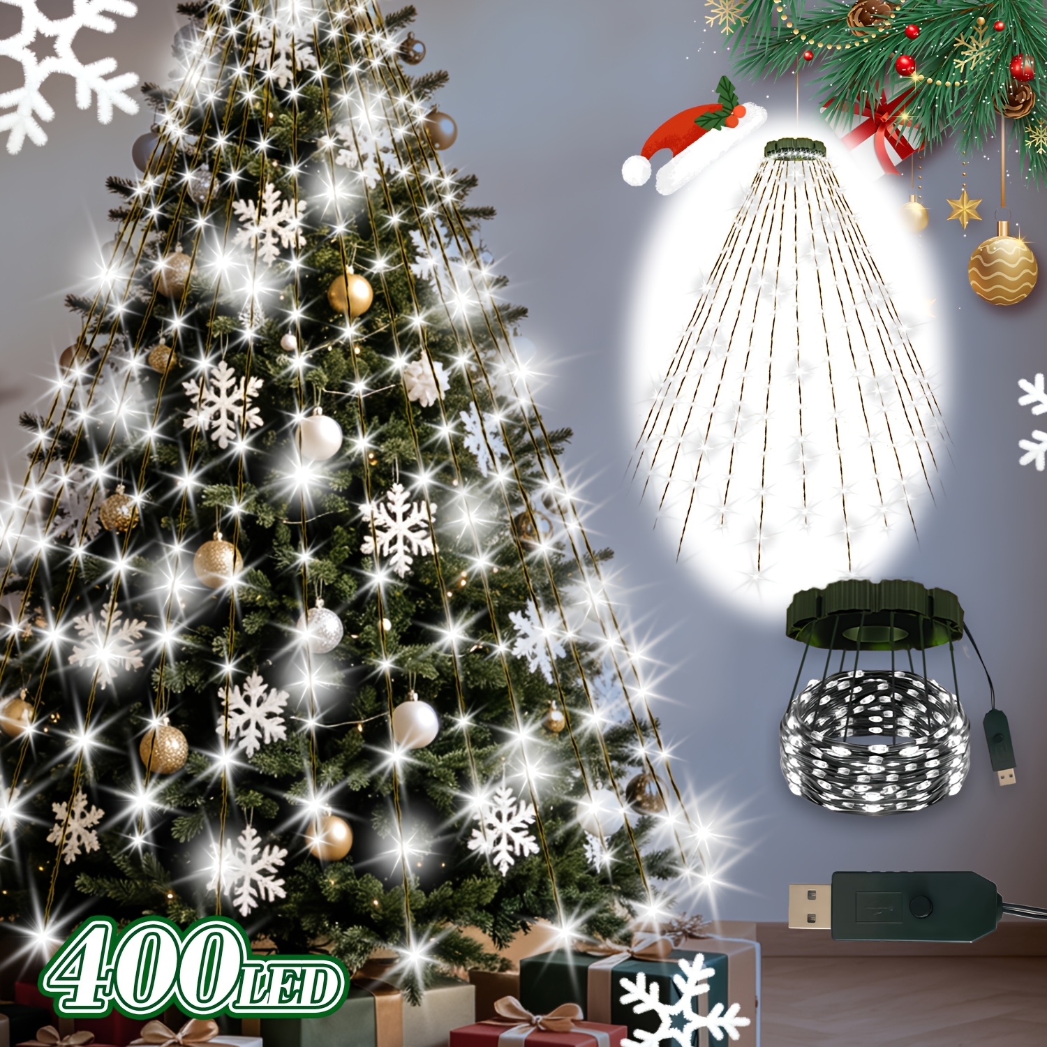 TEMU 1 Pack, Usb Powered Christmas Fairy String Lights, 400/220 Led, 20/11 String Waterfall Tree Lights, Christmas Led Light Strip, Button Control,