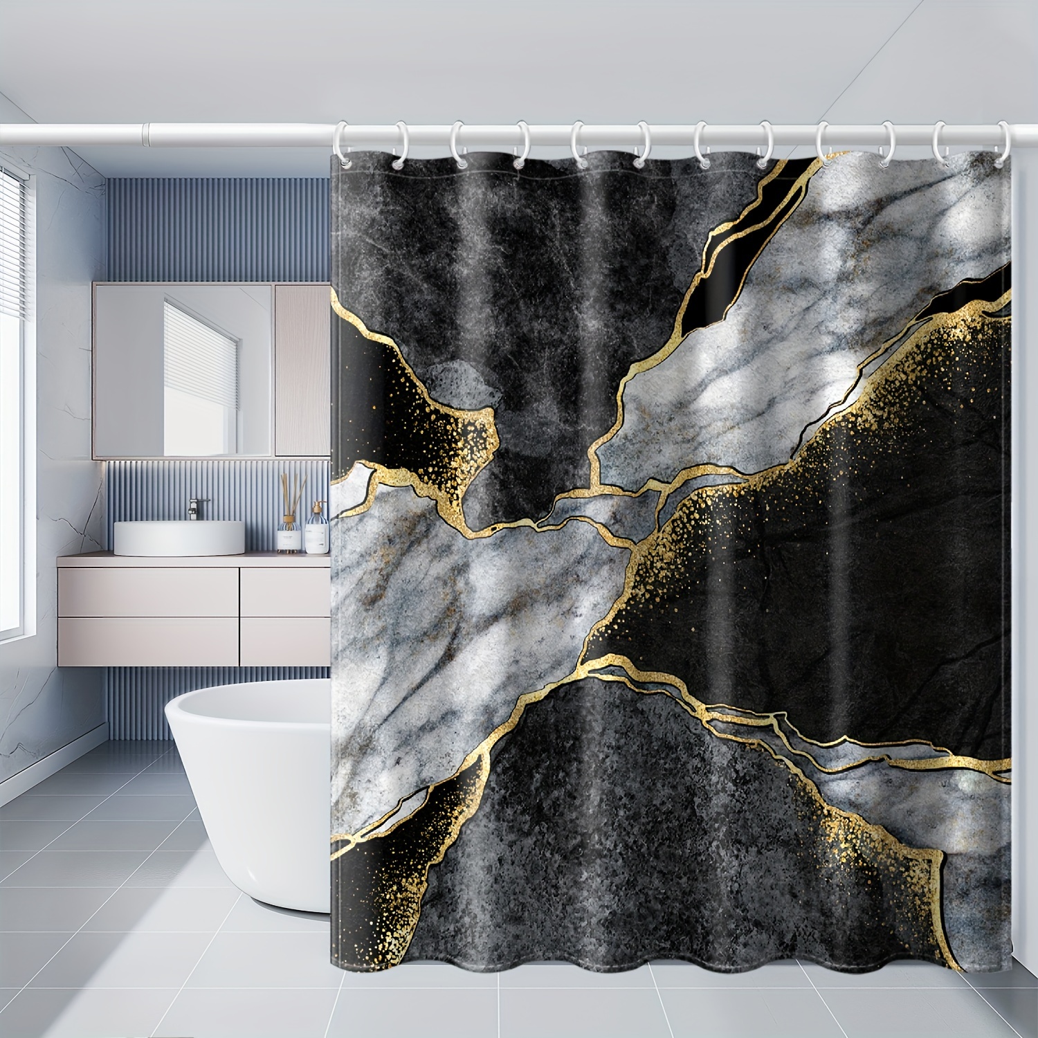 

Modern Black & Gray Marble Shower Curtain Set - Waterproof Polyester With Hooks, Machine Washable, Perfect For Home Bathroom Decor