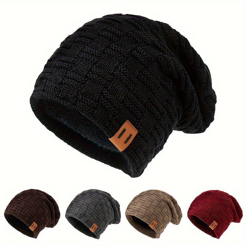 

Makefge Warm Knit Beanie With Fleece - , Cozy Winter Hat For Cycling, Skiing & Truck Driving | In Black, Dark Gray, Brown | Leather Patch Detail, Makefge