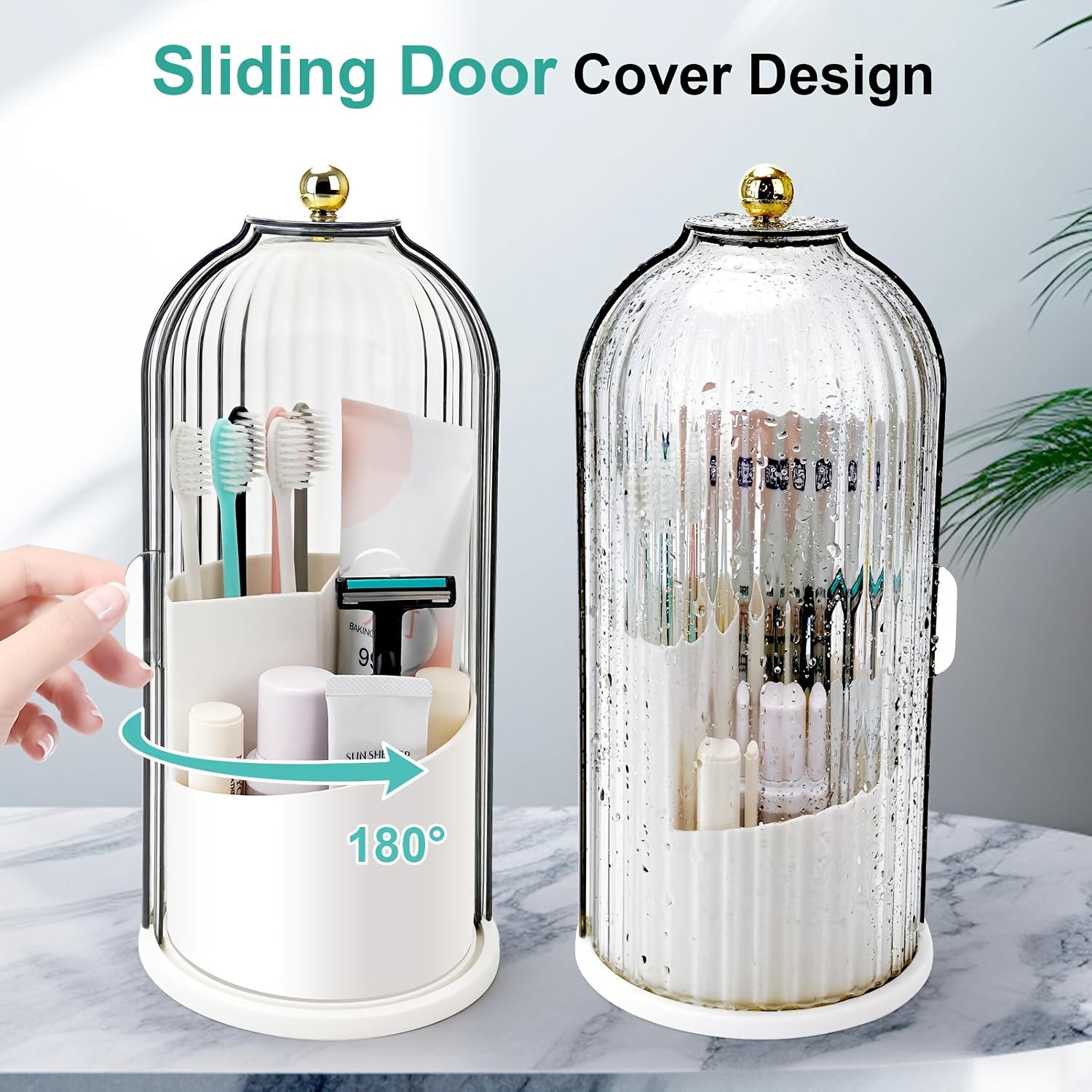 2pcs set multifunctional rotating storage box with sliding lid toothbrush holder 360 rotatable organizer dustproof bathroom vanity storage box multi compartment organizer for toothbrushes toothpaste makeup brushes etc stylish storage